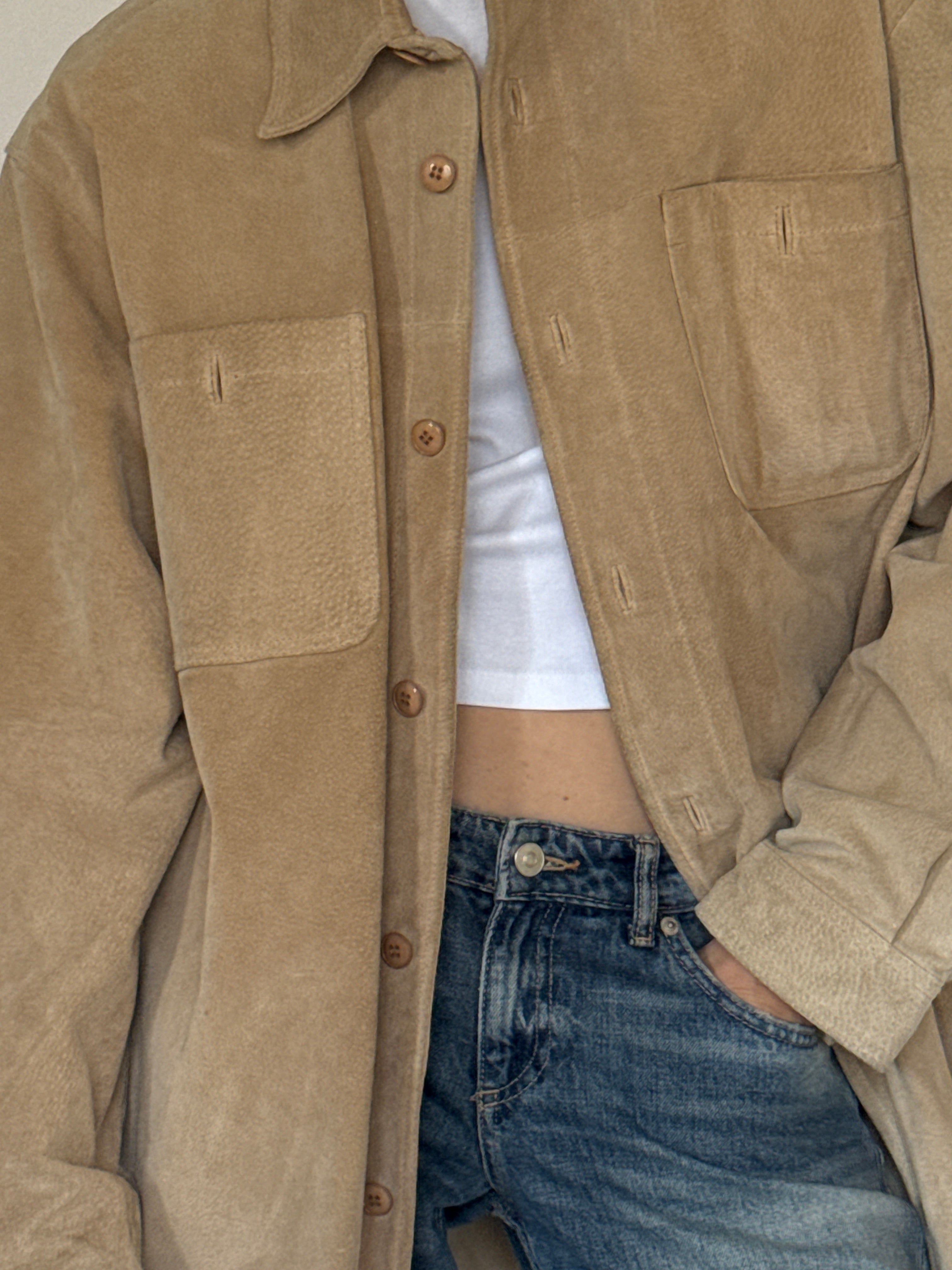 Vintage oversized suede leather jacket close-up