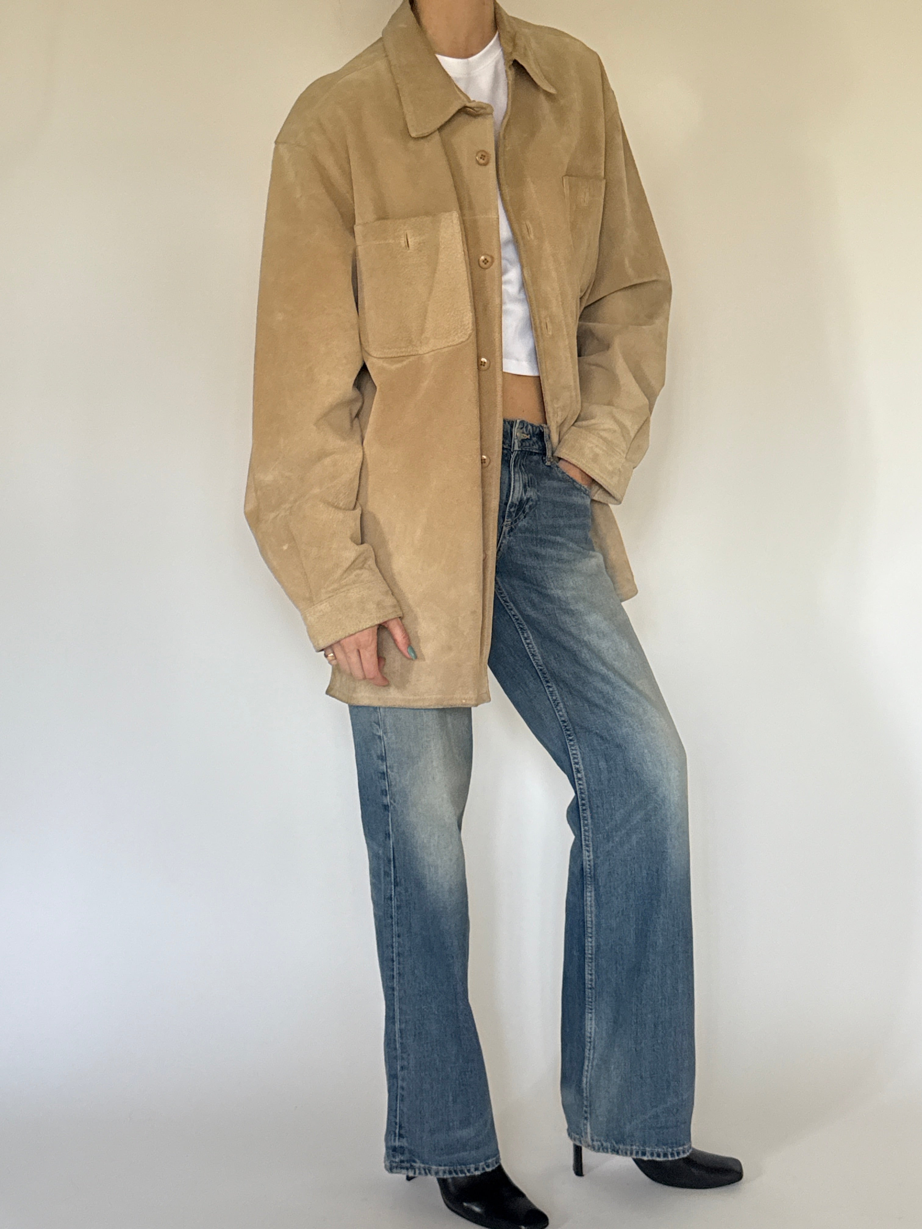 Vintage beige suede leather jacket side view