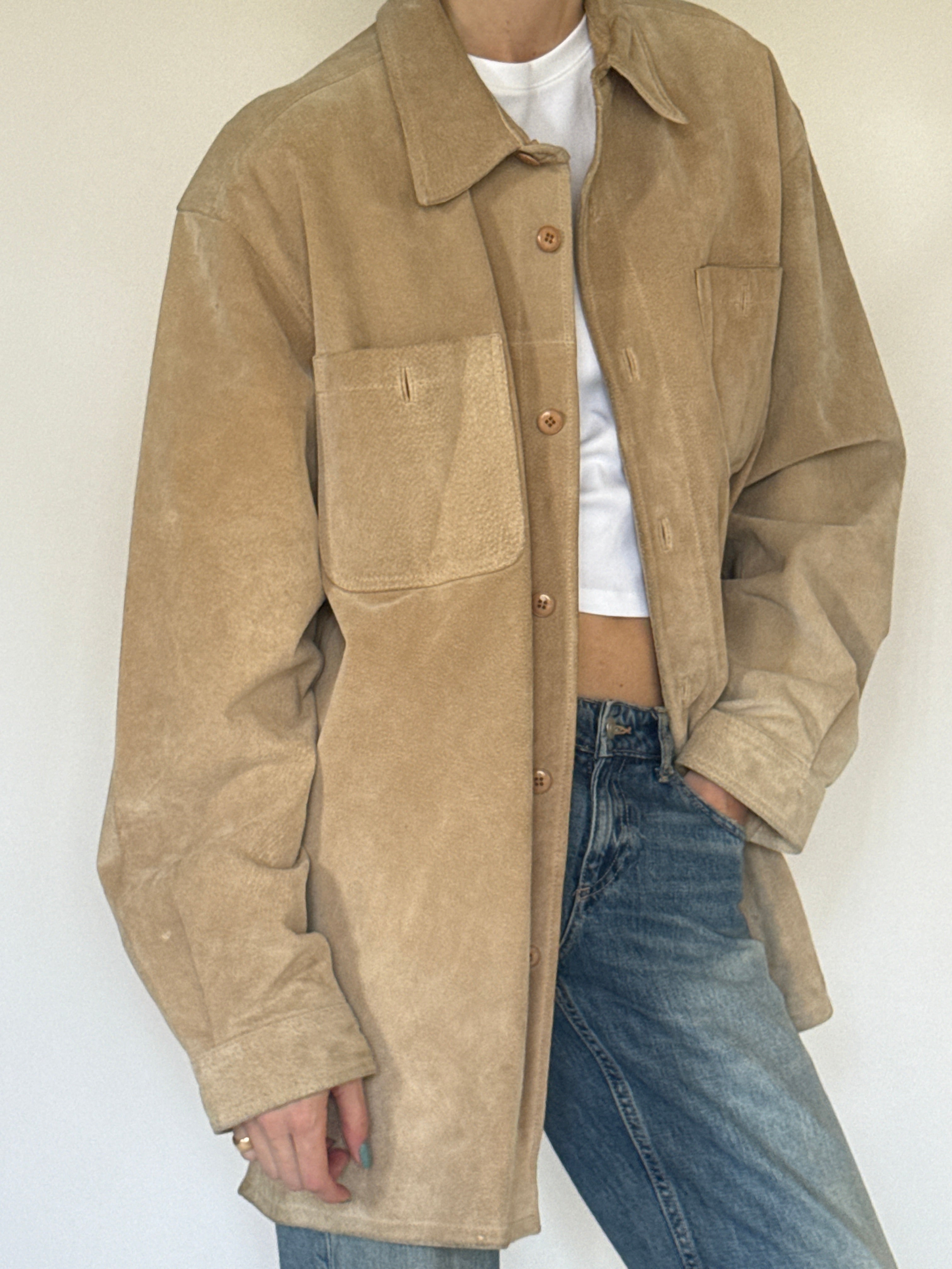 Vintage beige suede leather jacket side view