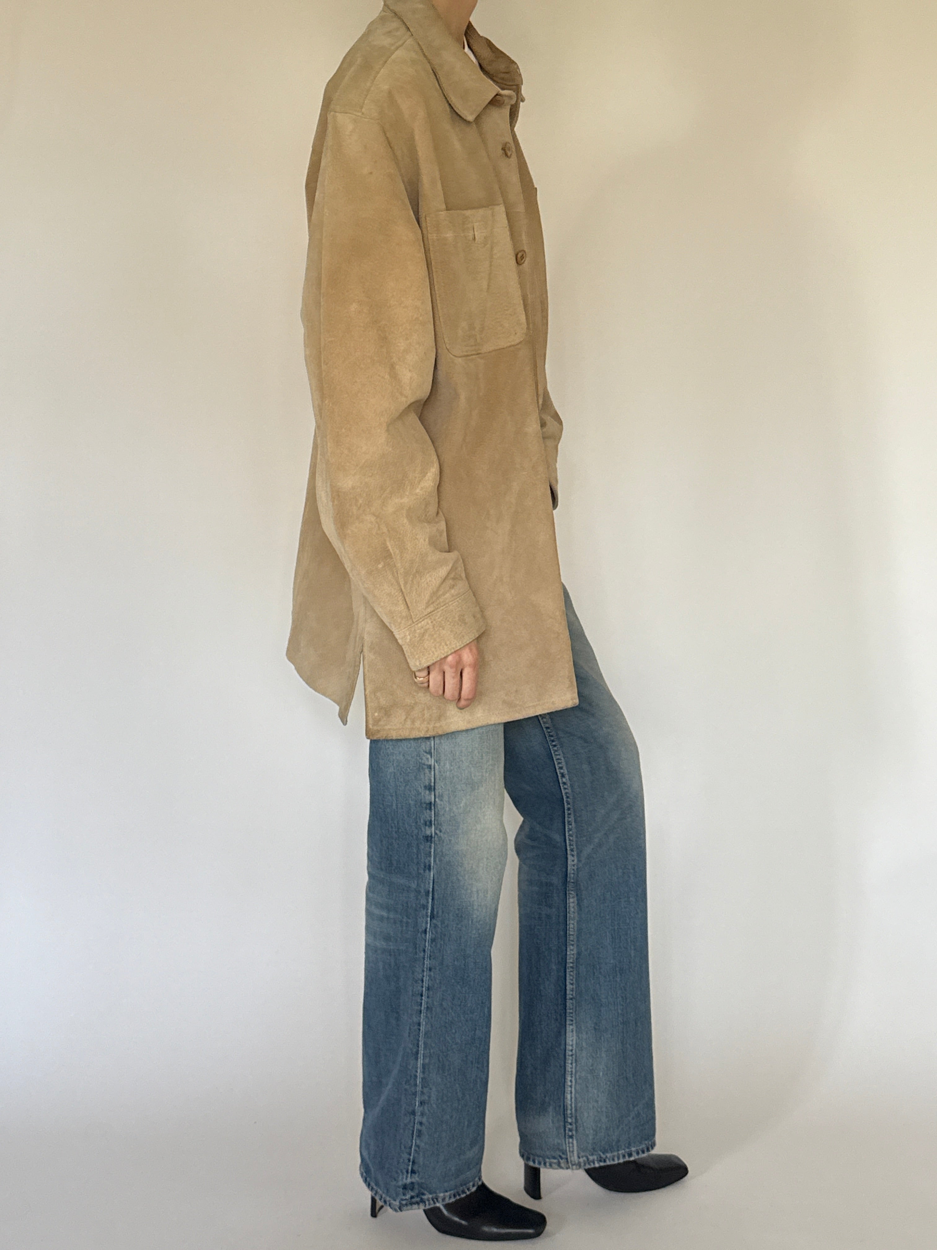 Vintage beige suede leather jacket side view