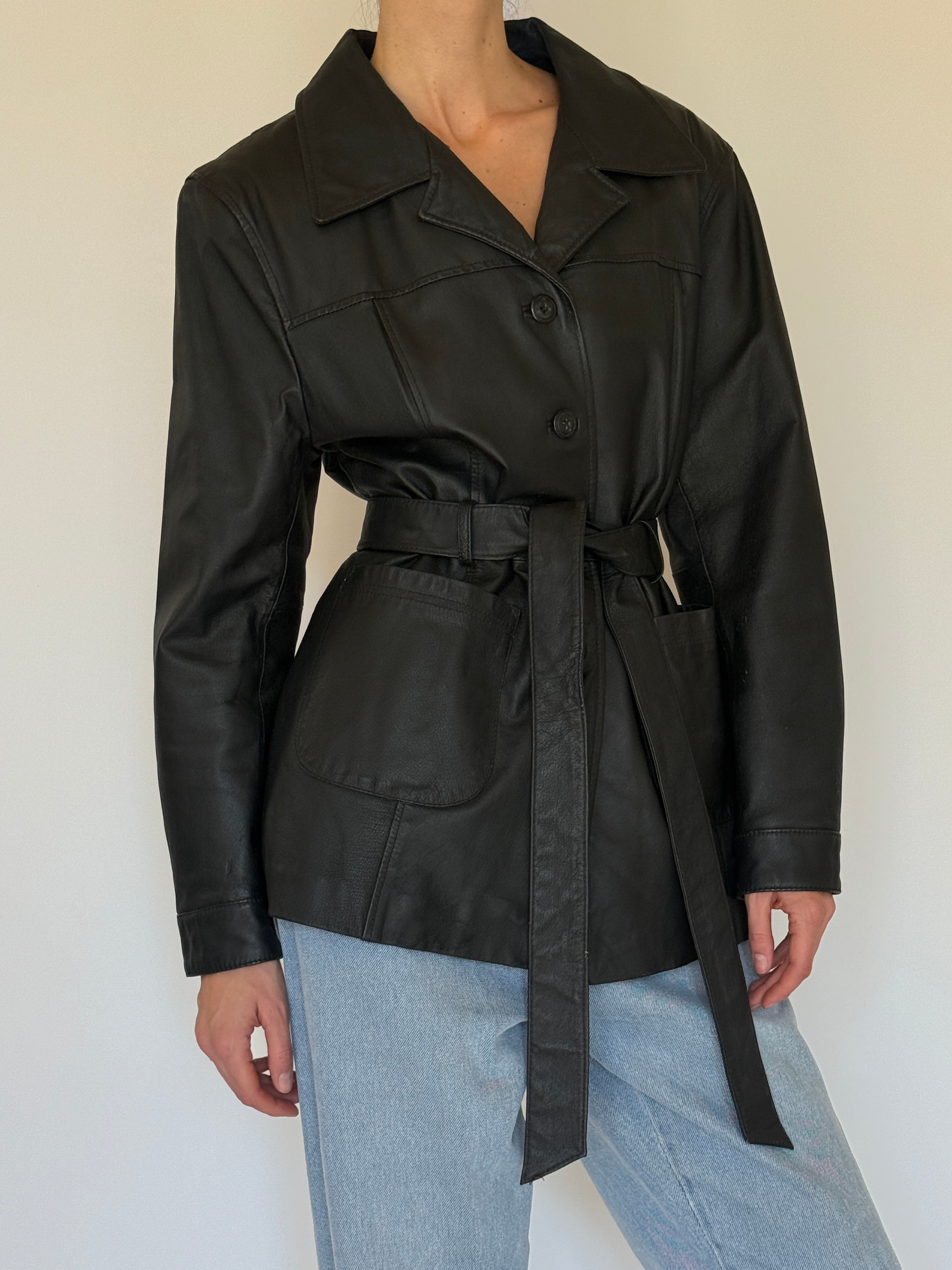 Vintage black leather jacket button detail front closure
