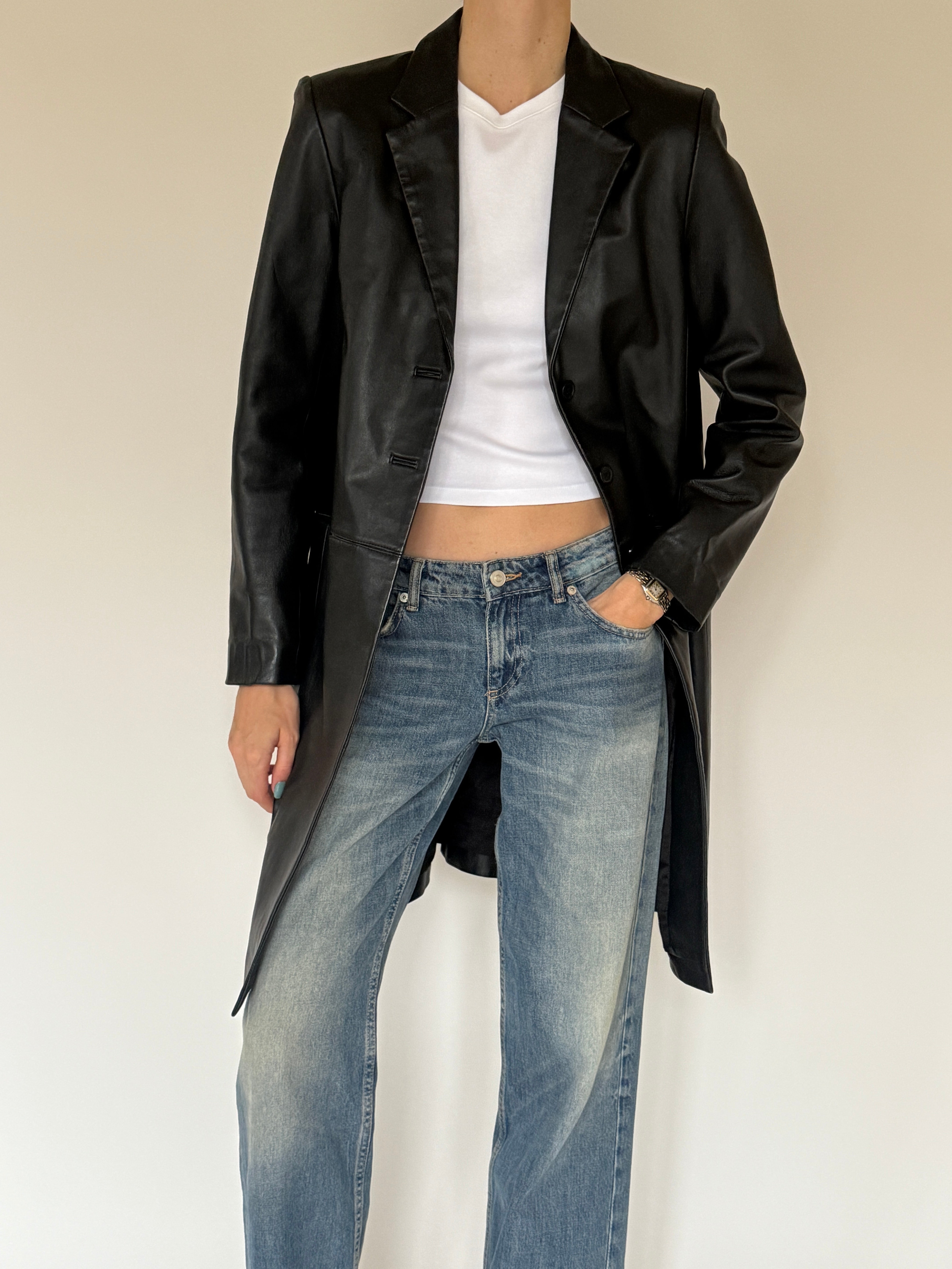 Vintage black leather jacket front view