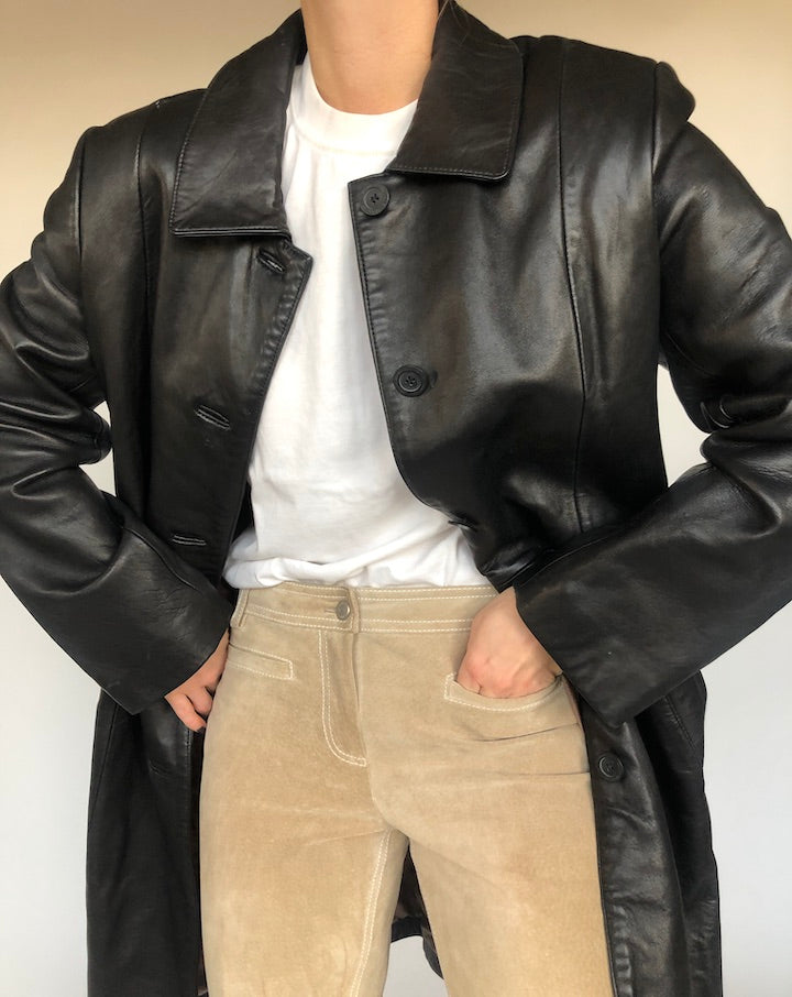 VINTAGE BLACK LONG LEATHER COAT 295
