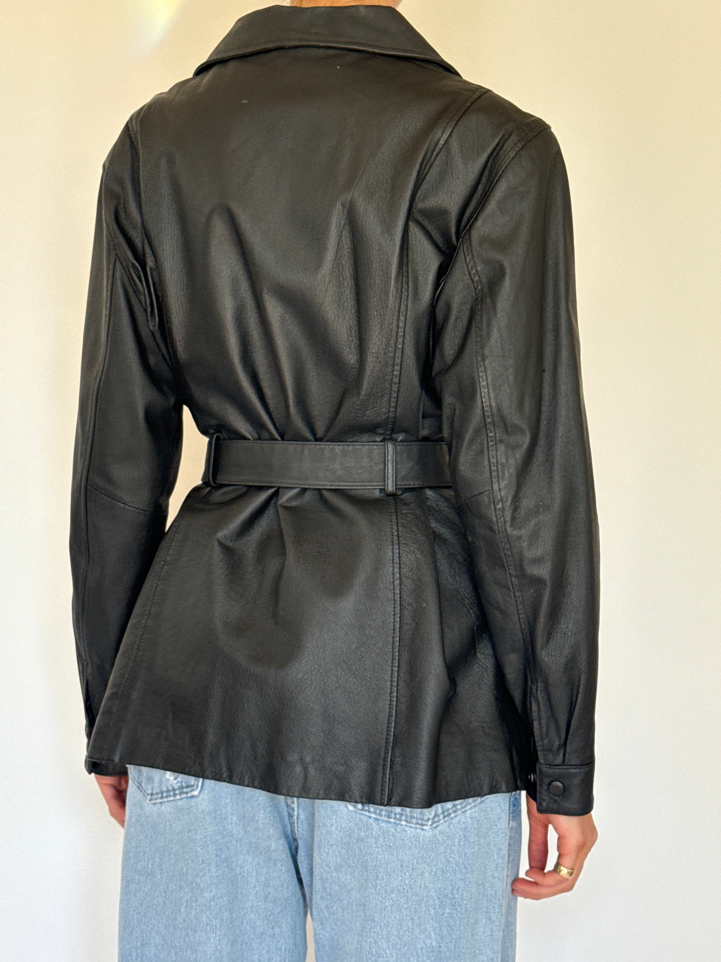 Vintage black leather jacket back view structured fit