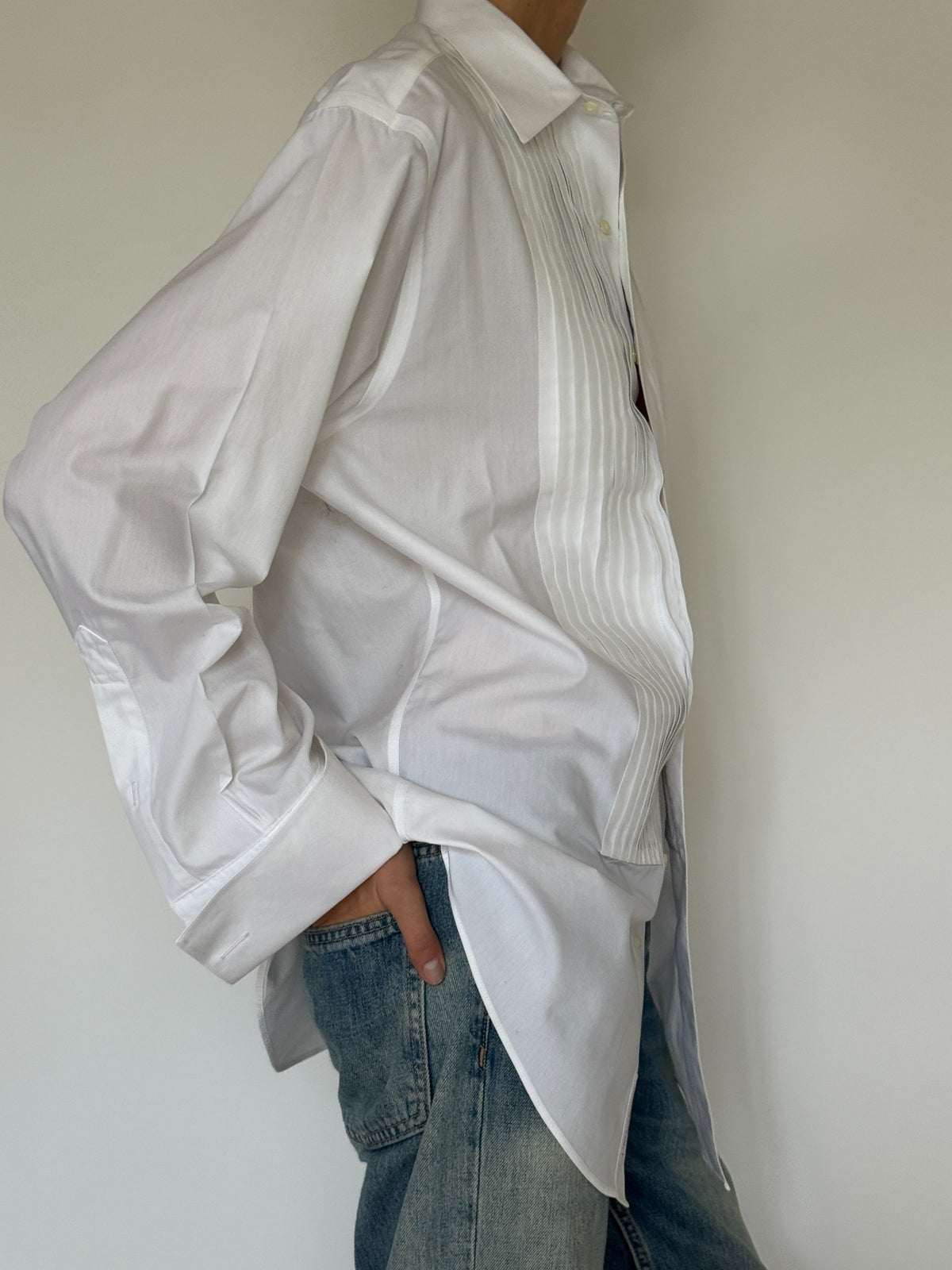 Vintage pleated tuxedo shirt white front view