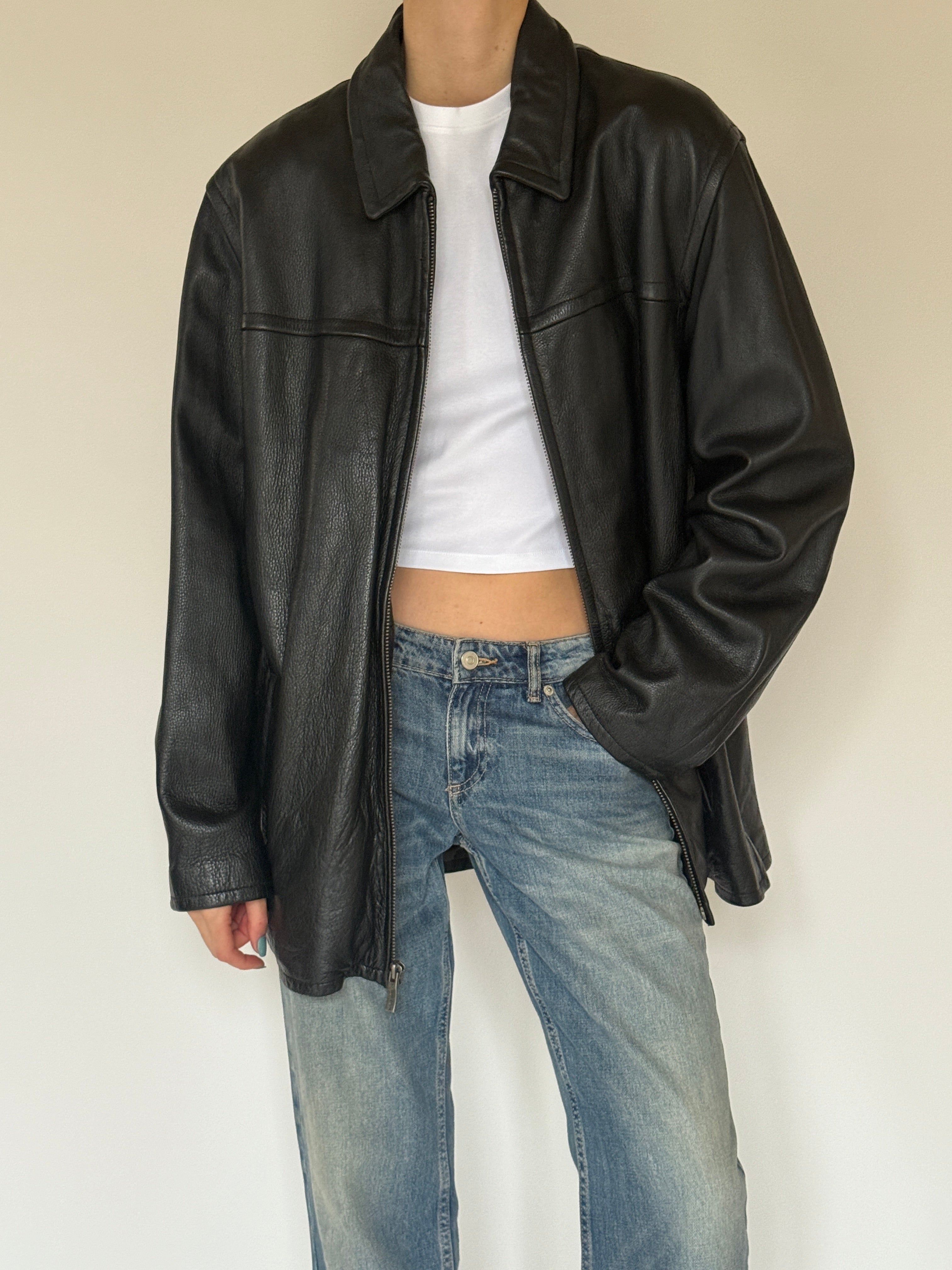Vintage oversized black leather jacket front view