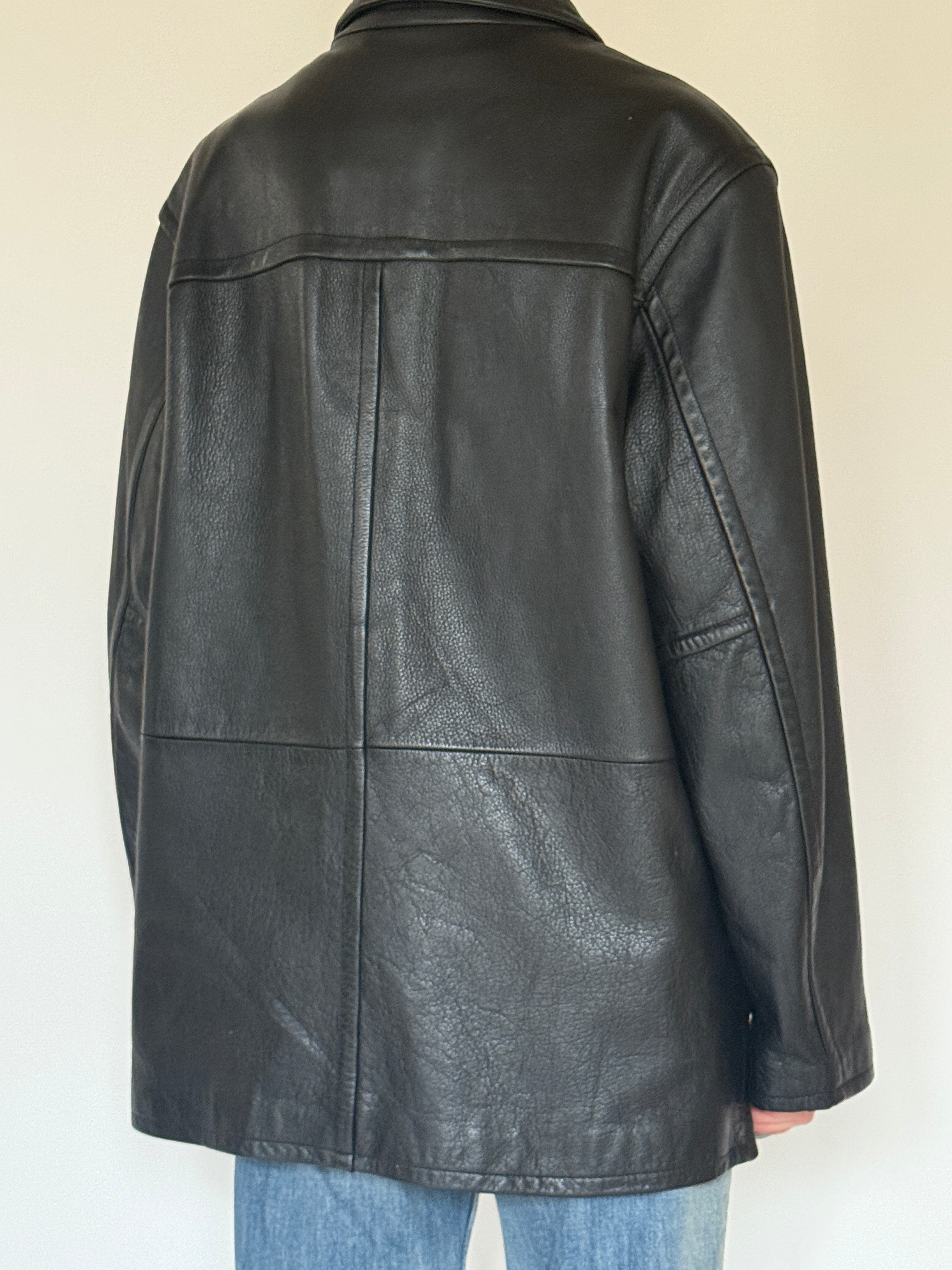 Vintage oversized black leather jacket back view