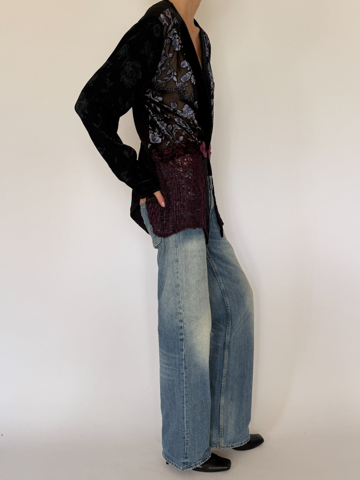 Vintage mixed-texture floral jacket black and burgundy side view