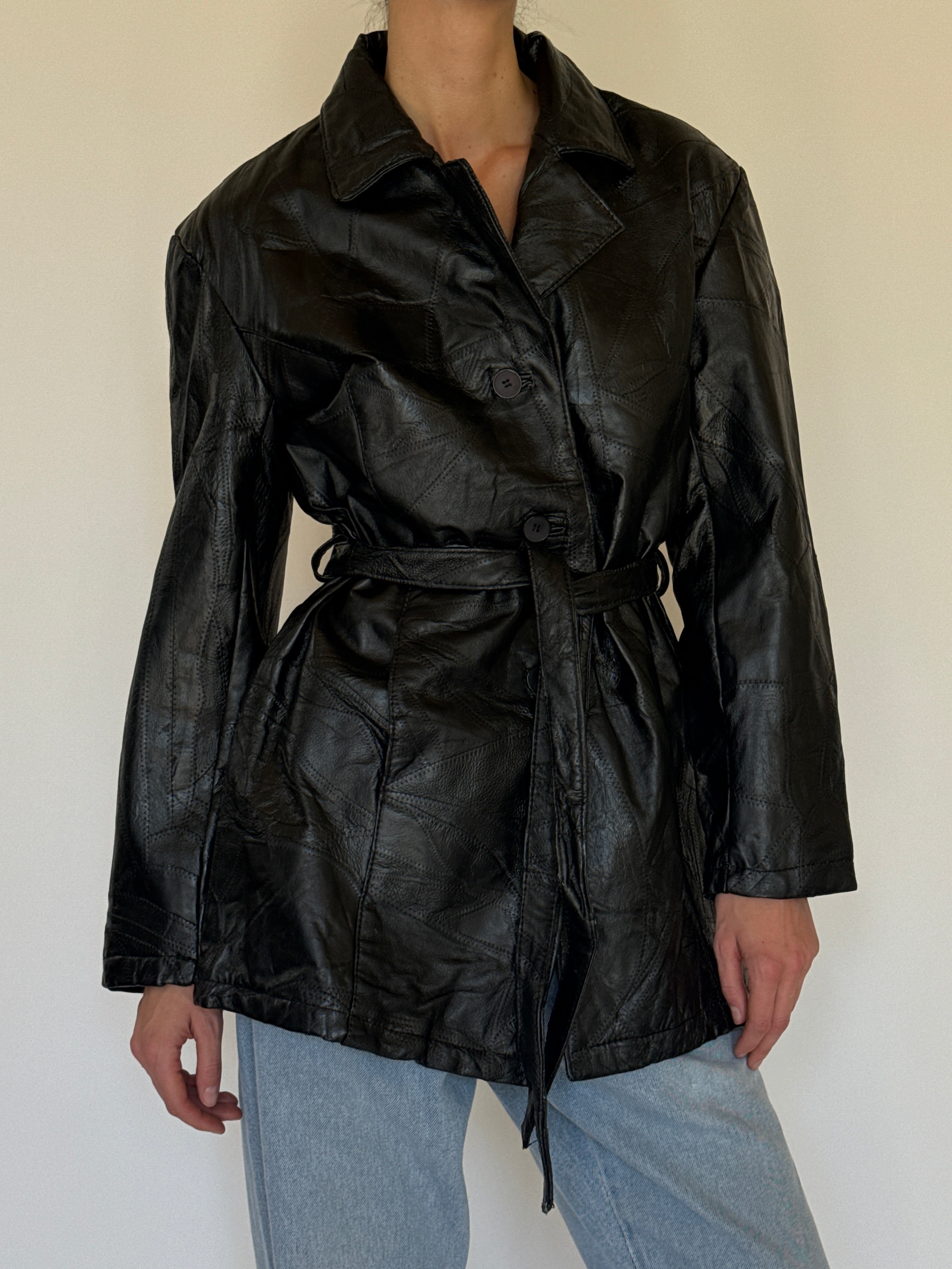 Vintage patchwork leather belted jacket black front view