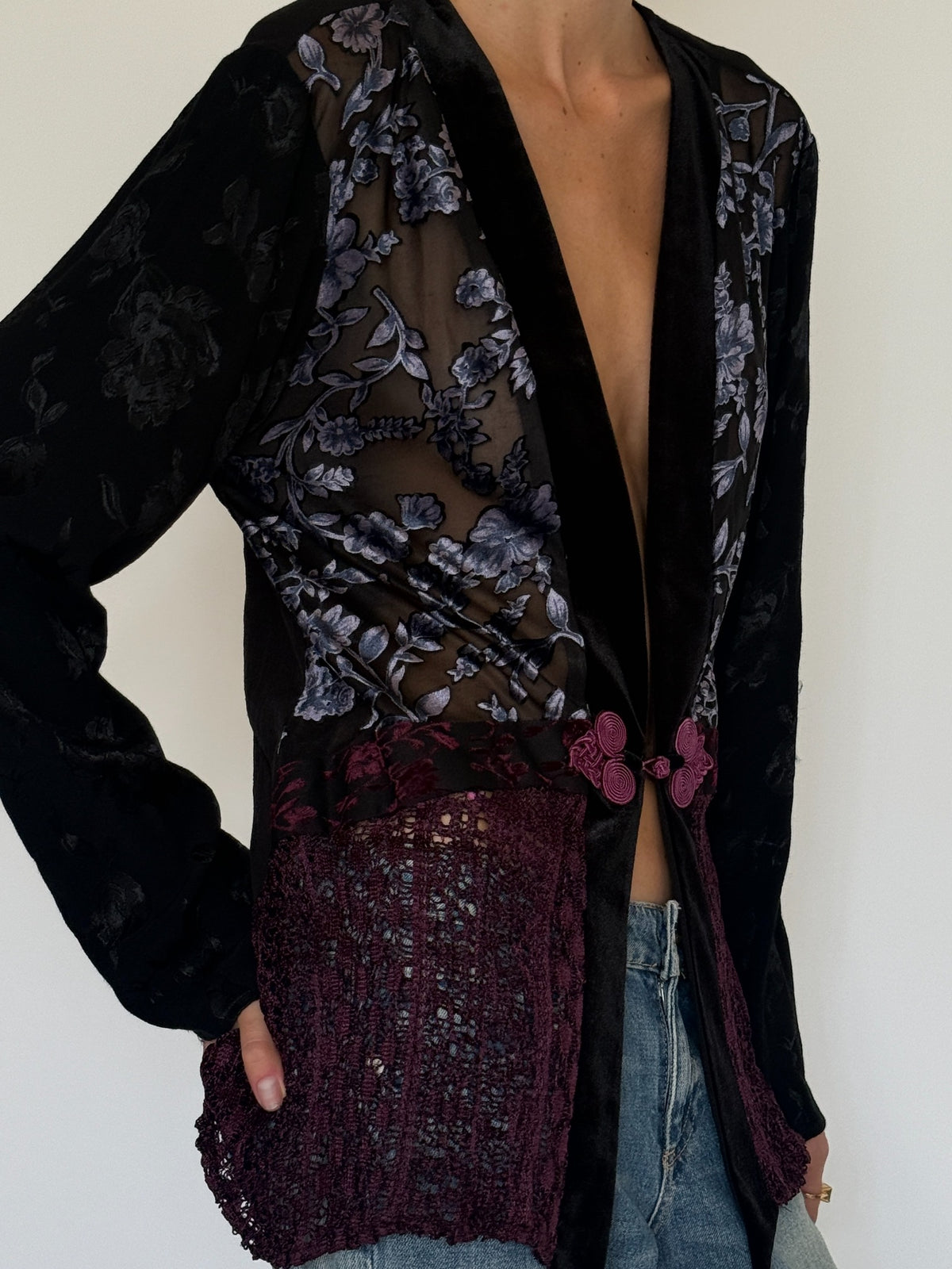 Vintage mixed-texture floral jacket velvet trim and floral detail