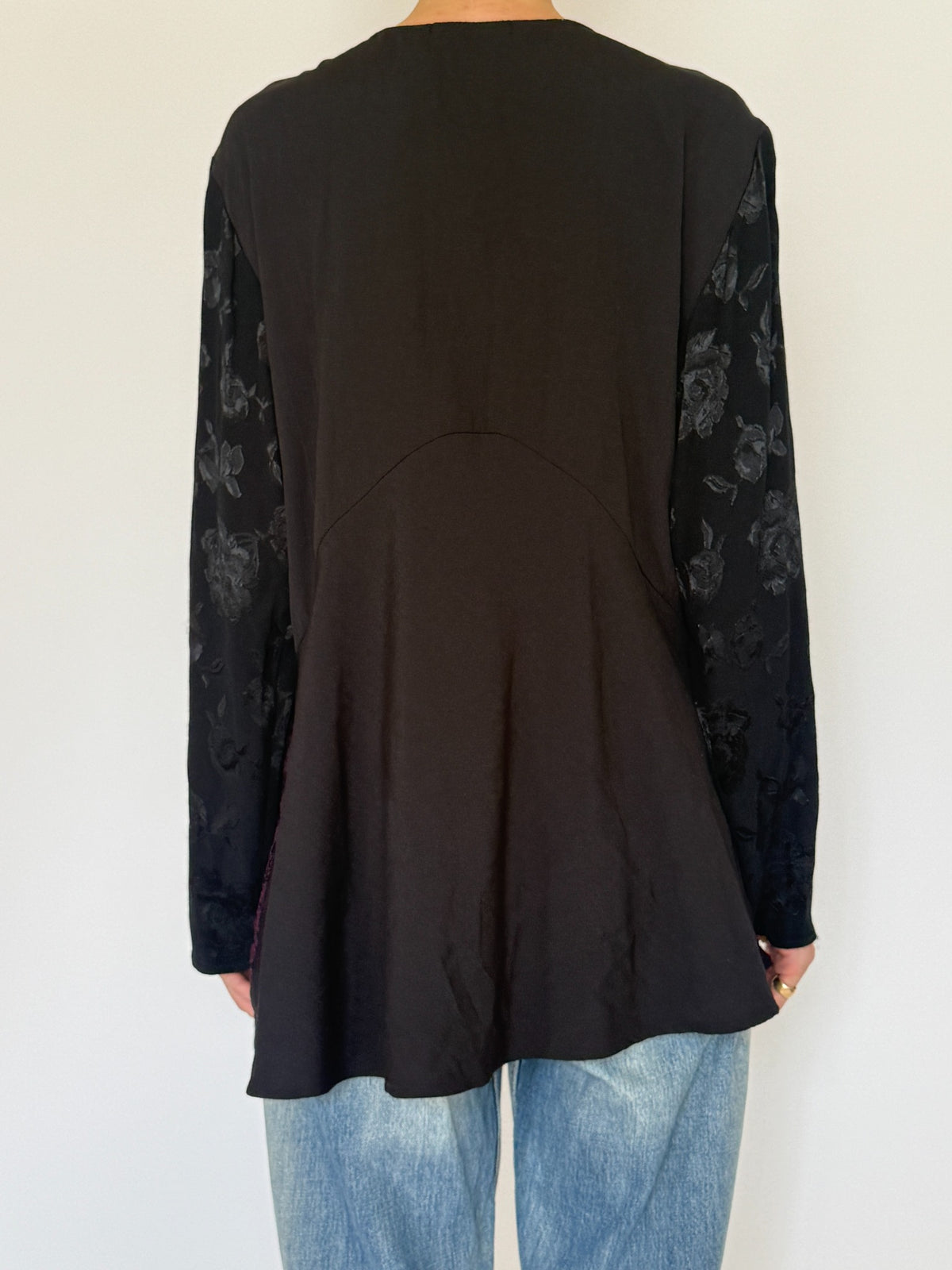 Vintage mixed-texture floral jacket black and burgundy back view
