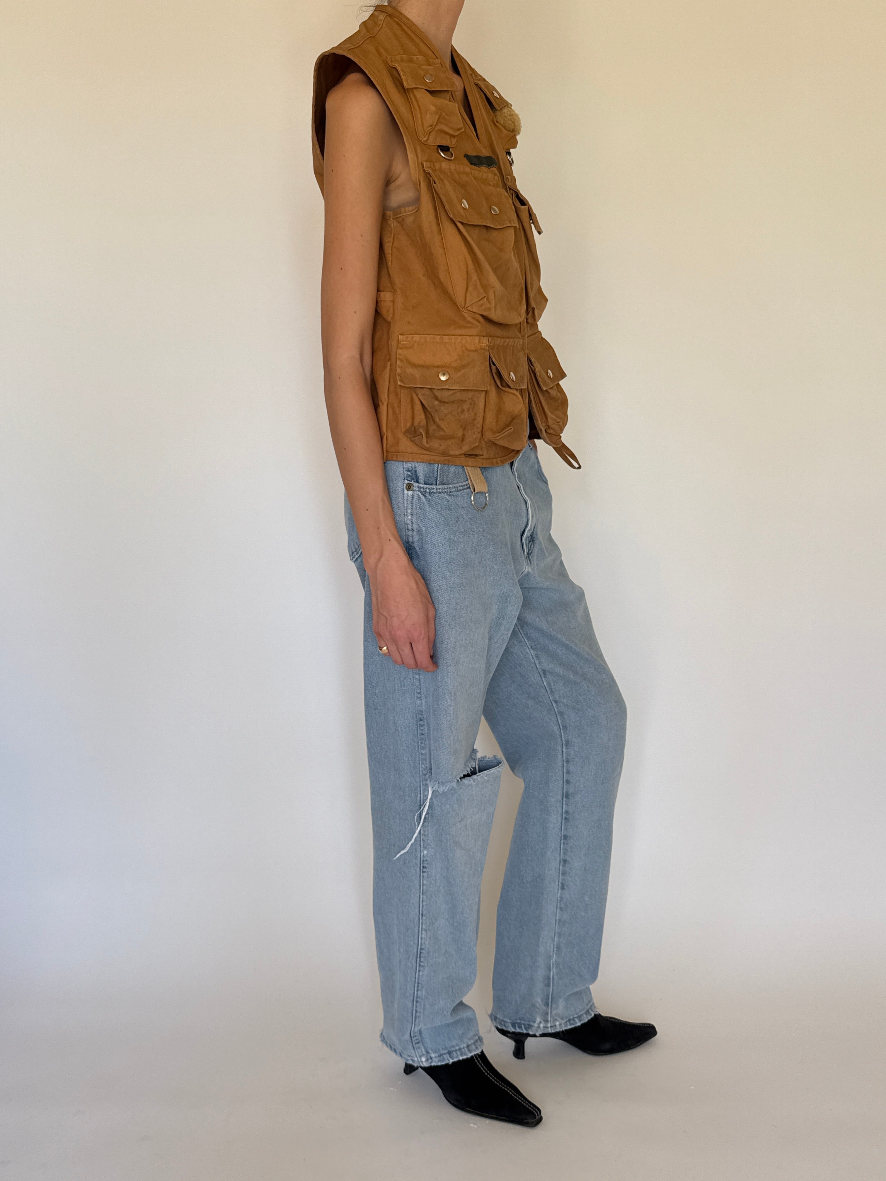 Vintage suede utility vest camel side view