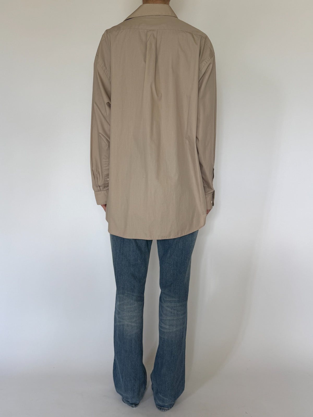 Vintage oversized cotton blend button-up shirt taupe back view
