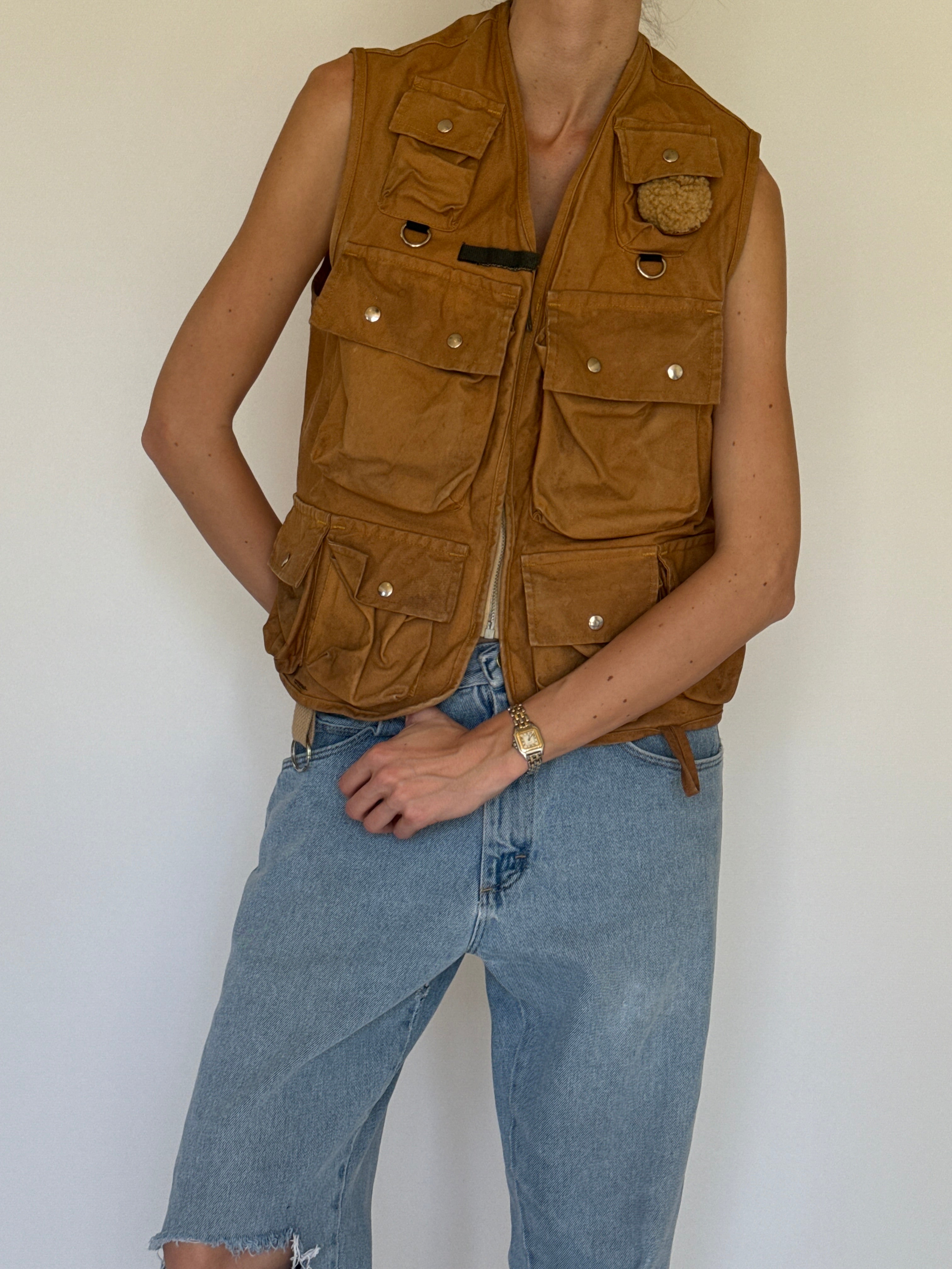 Vintage camel suede utility vest front view