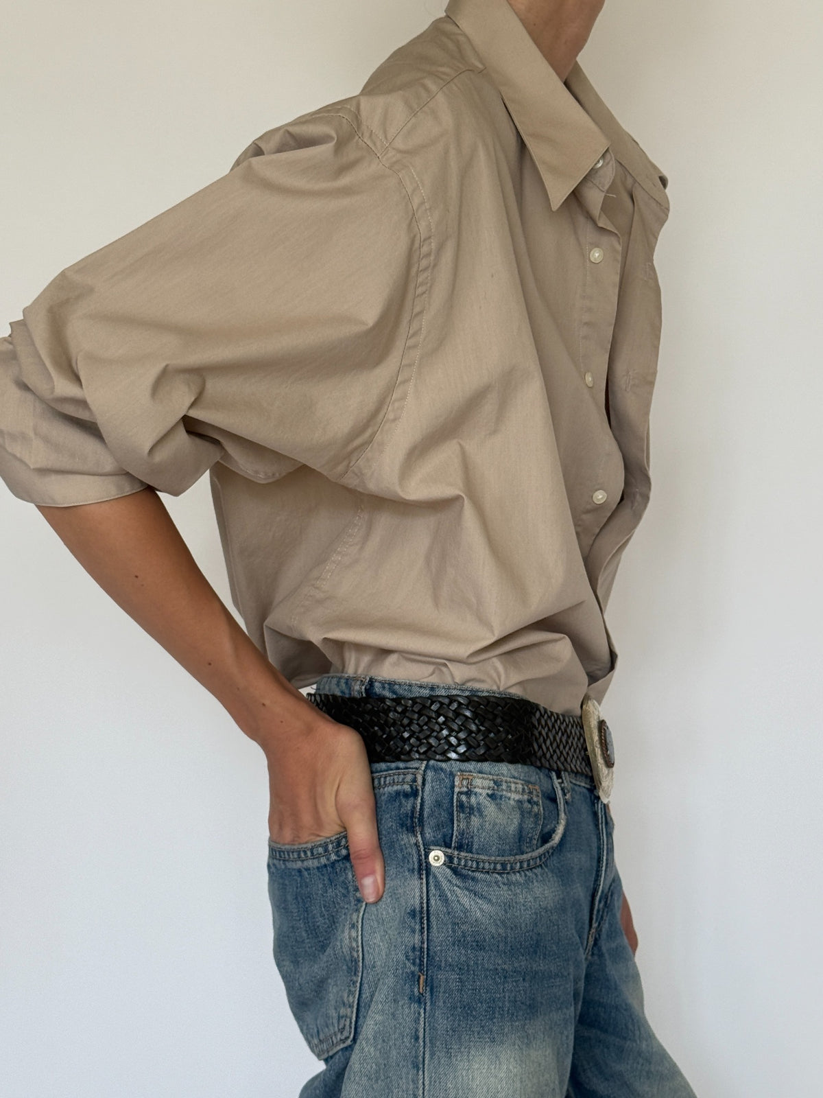 Vintage oversized cotton blend button-up shirt taupe side view