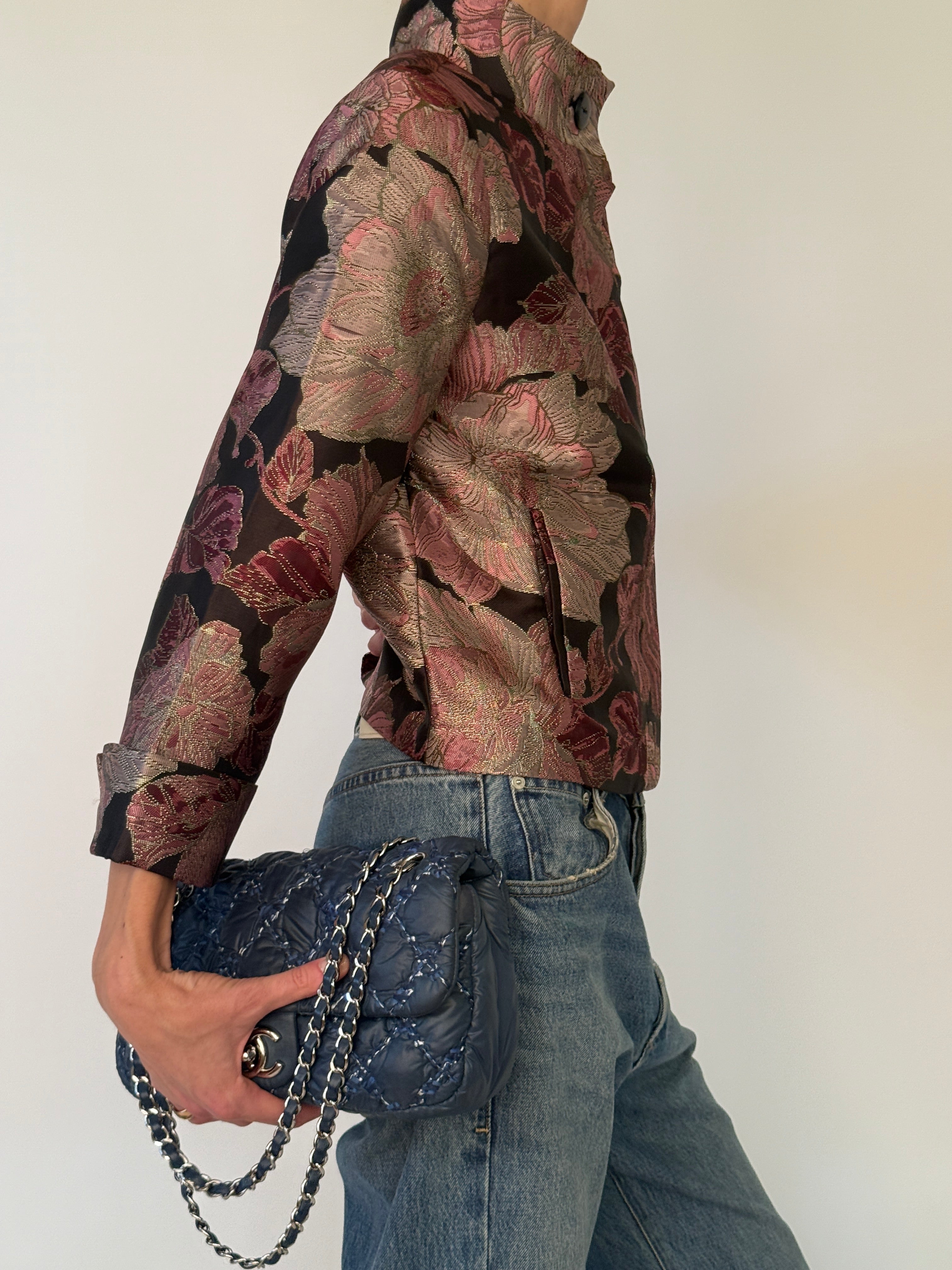 Side view of vintage floral brocade jacket
