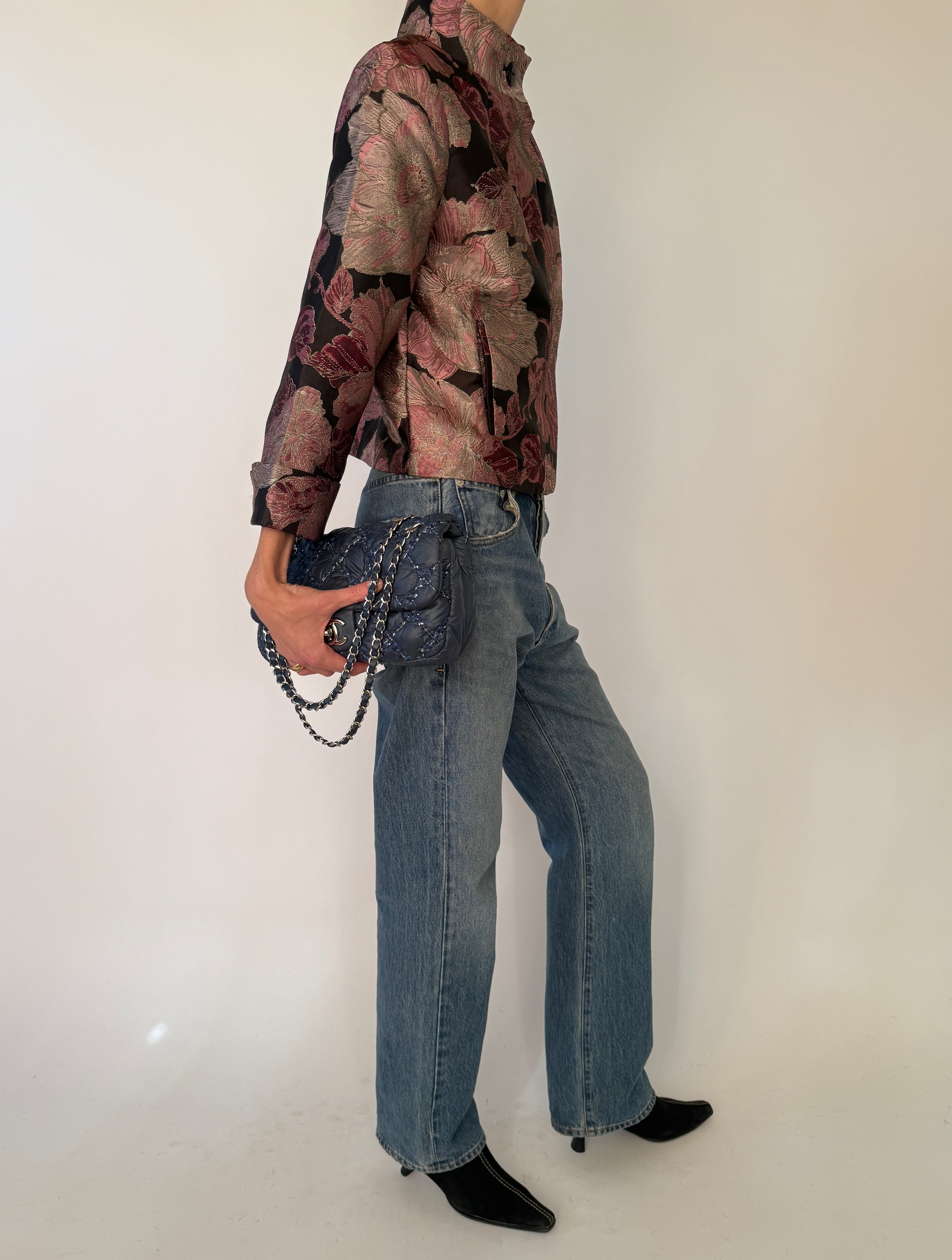 Side view of vintage floral brocade jacket