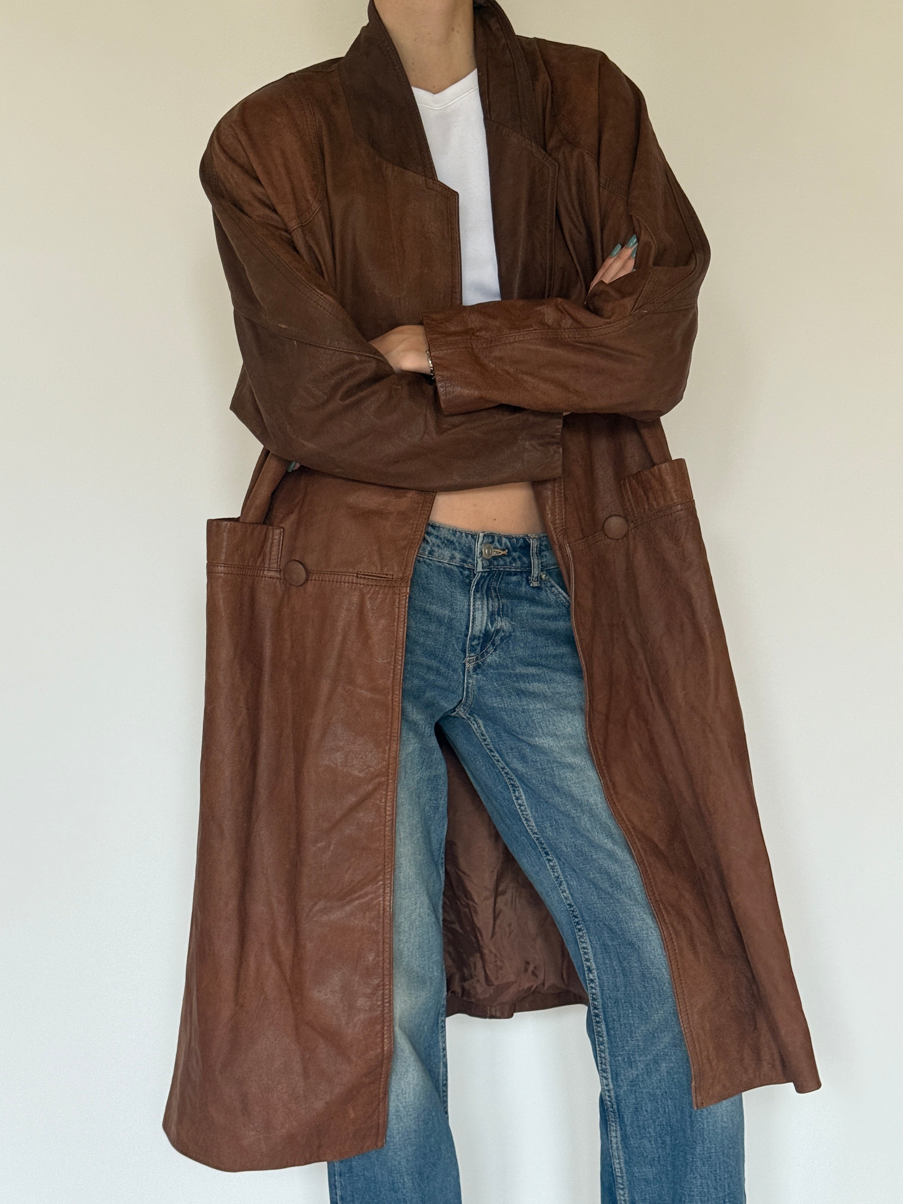 Vintage brown leather coat front view