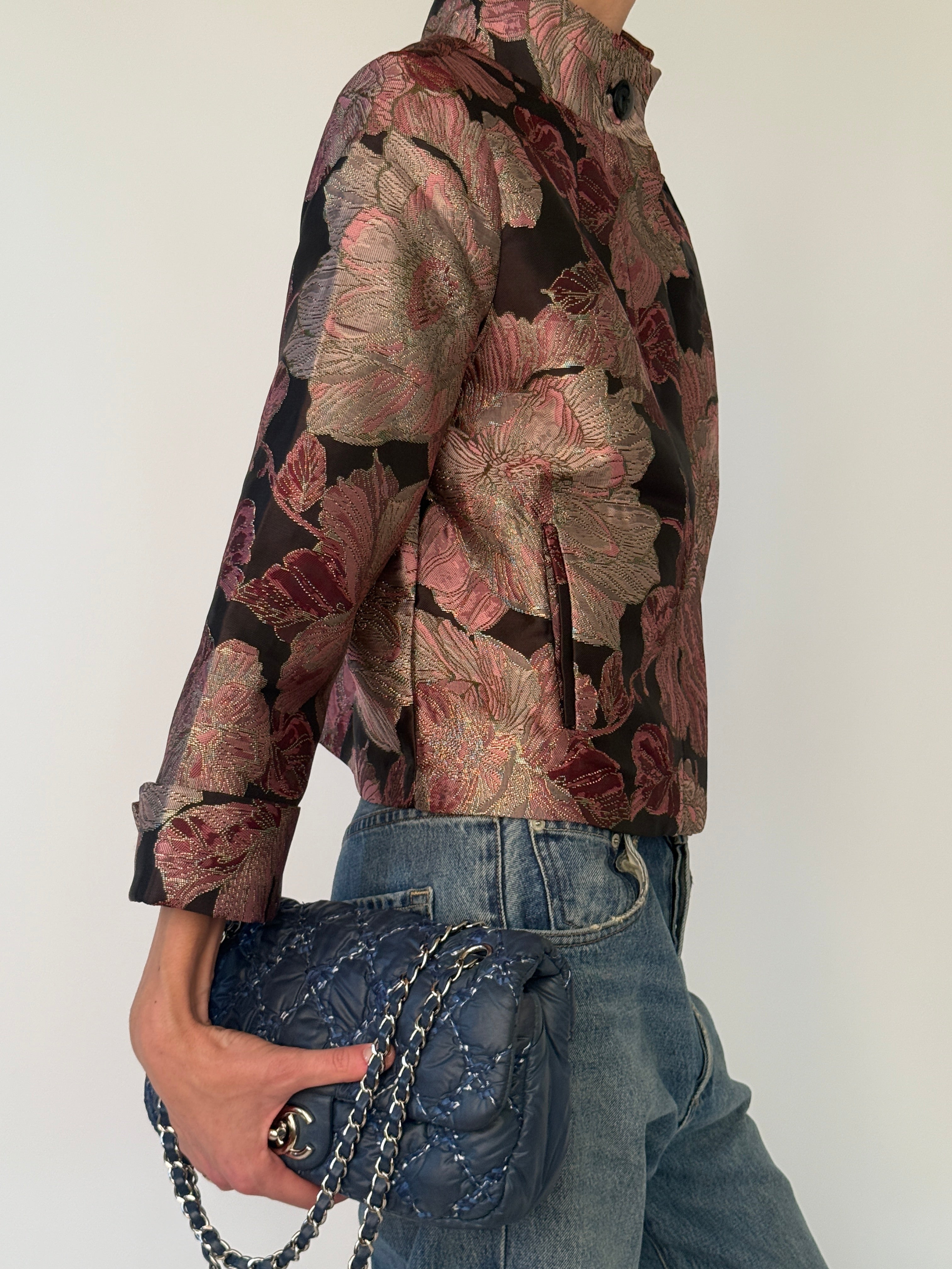Side view of vintage floral brocade jacket