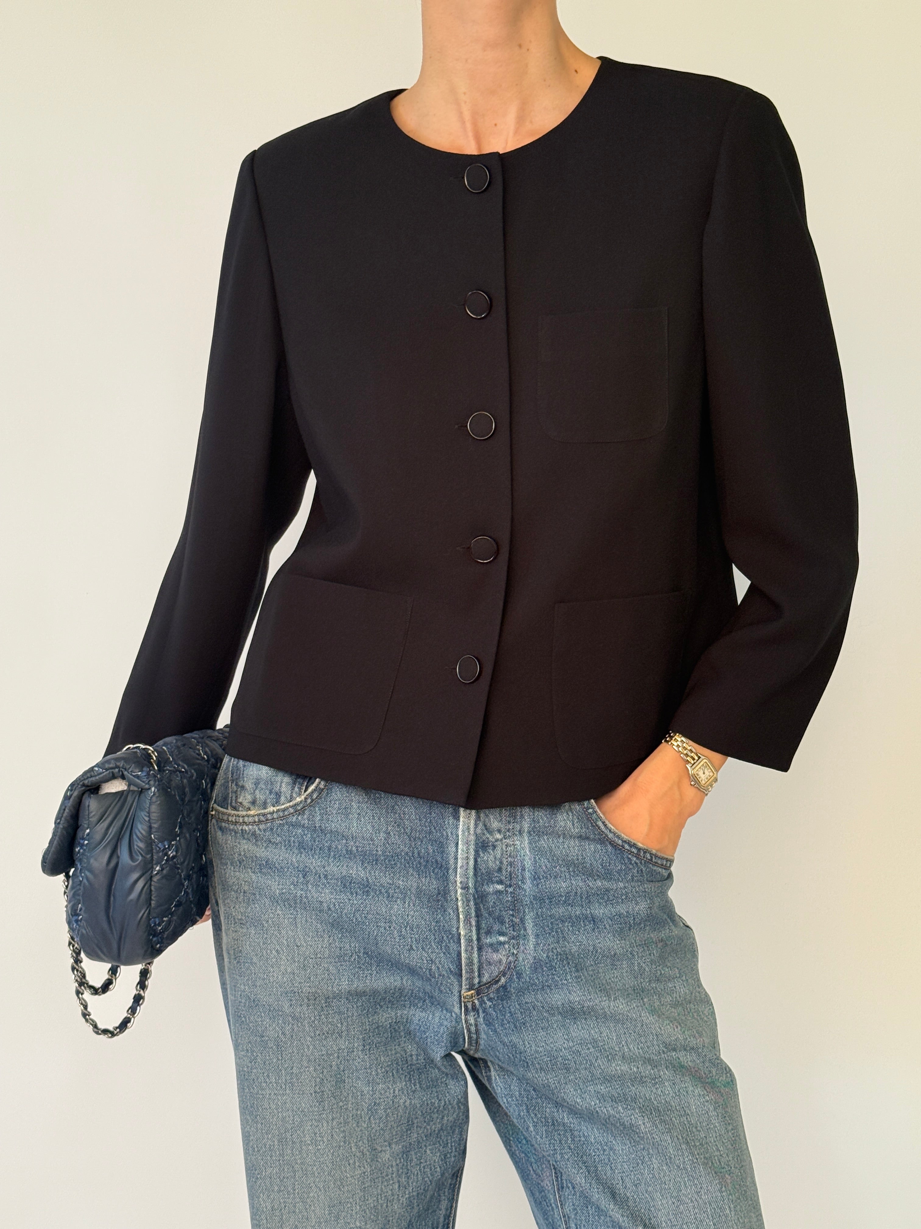 Vintage black collarless button-front jacket front view