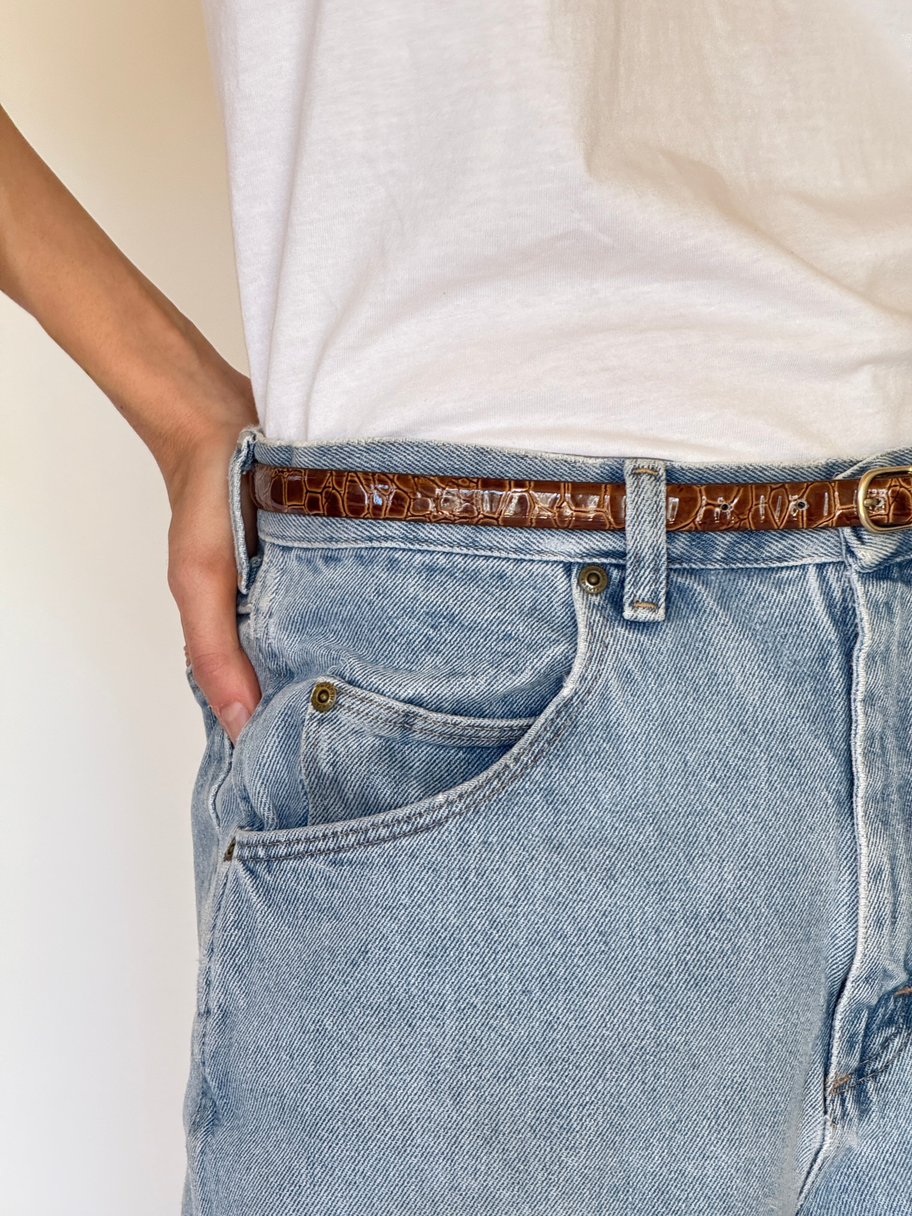 Vintage Snake-Embossed Faux Leather Belt Brown