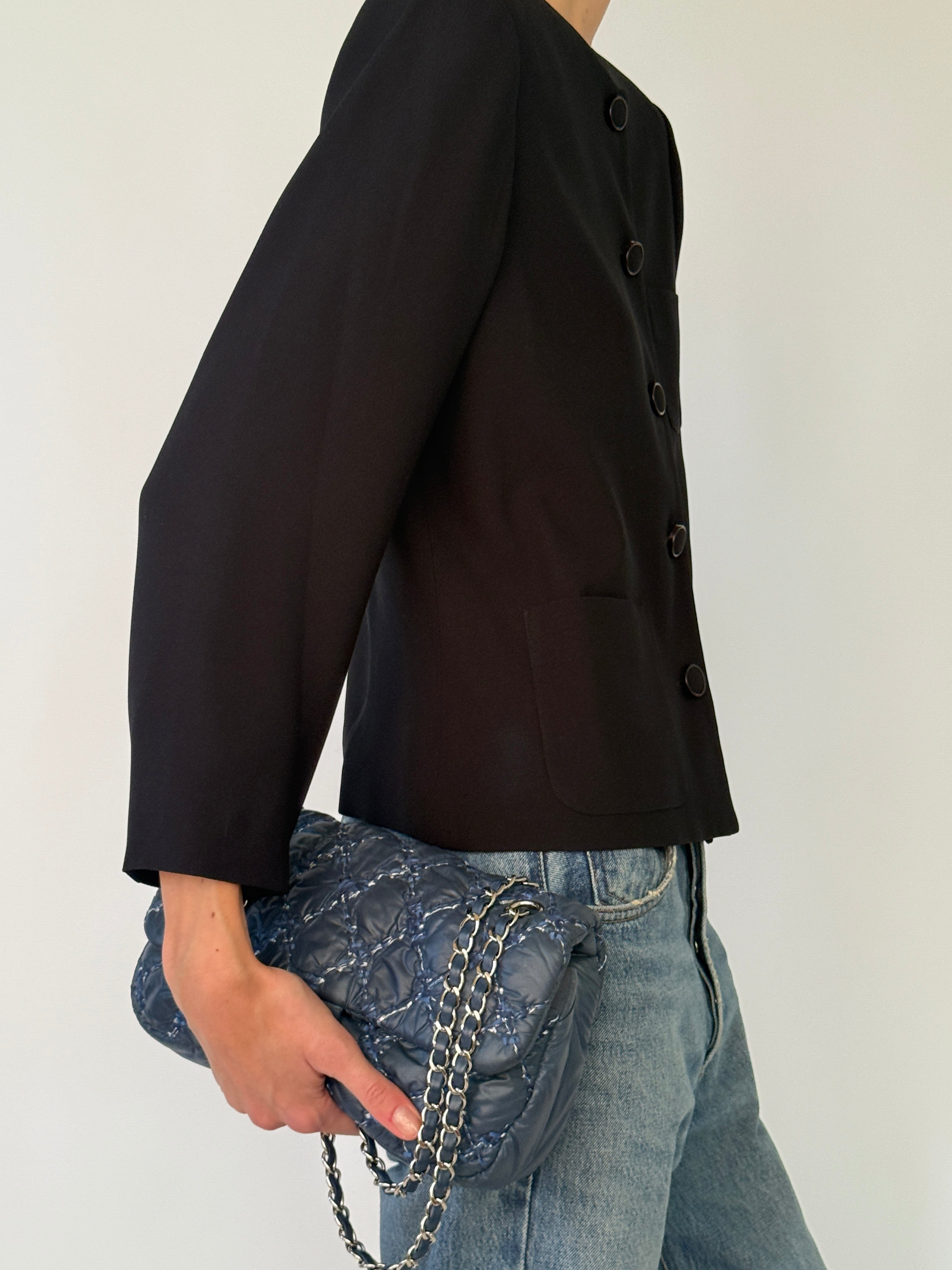Vintage black collarless jacket side view