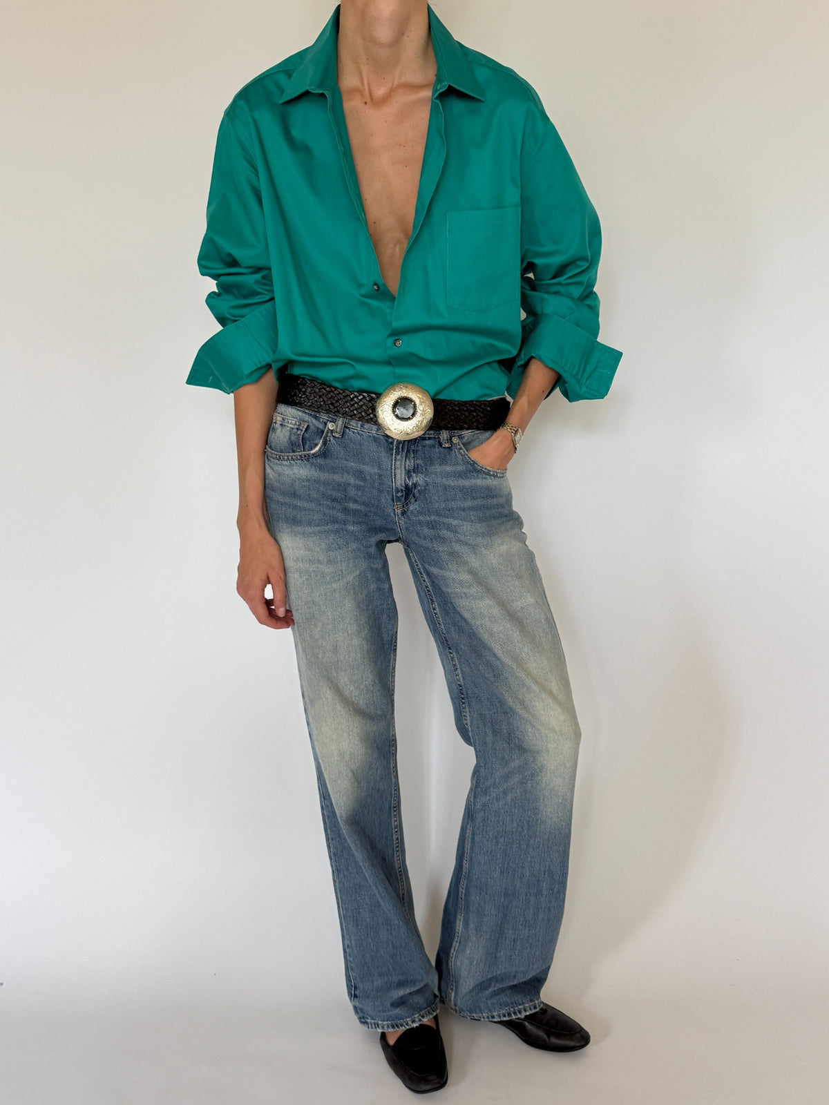 Vintage teal cotton blend button-up shirt front view
