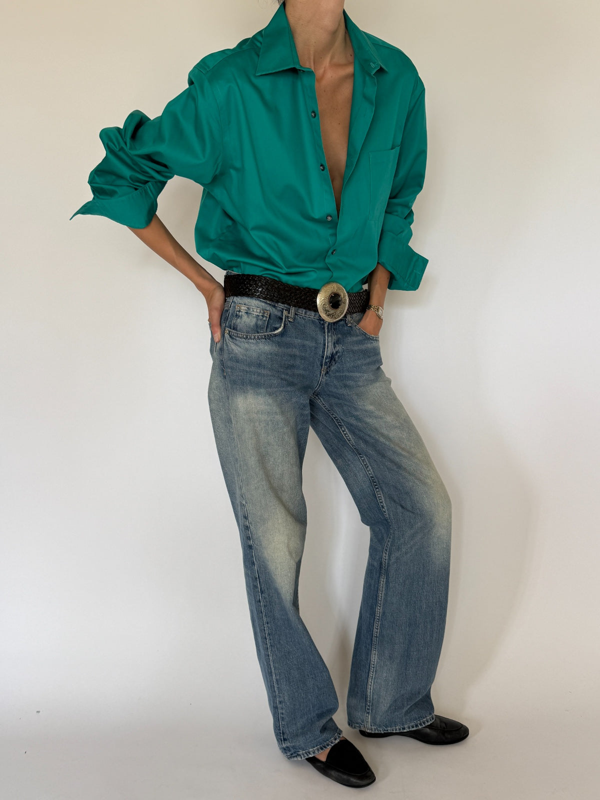 Vintage teal cotton blend button-up shirt styled front angle