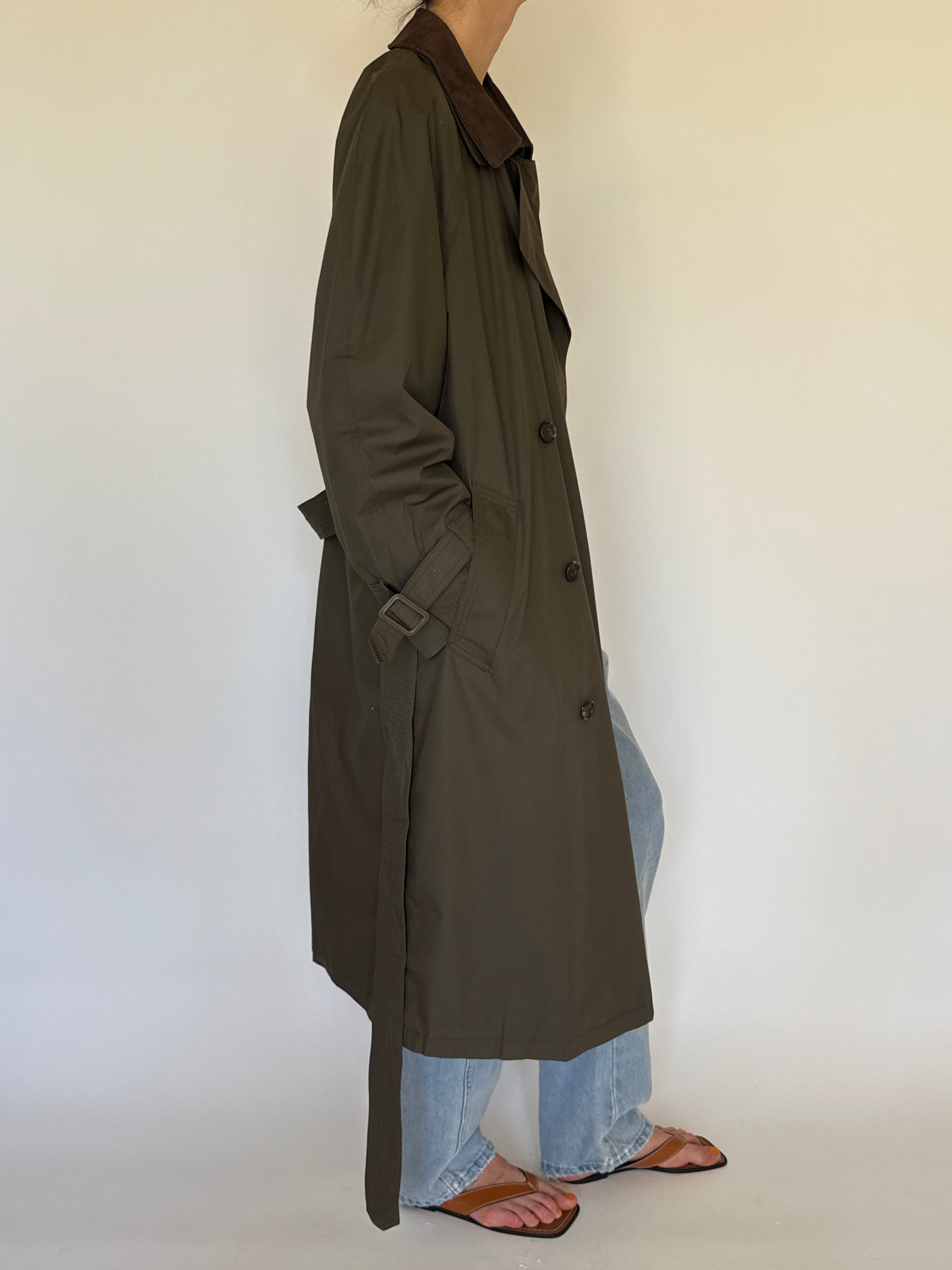 Vintage olive trench coat side view oversized silhouette