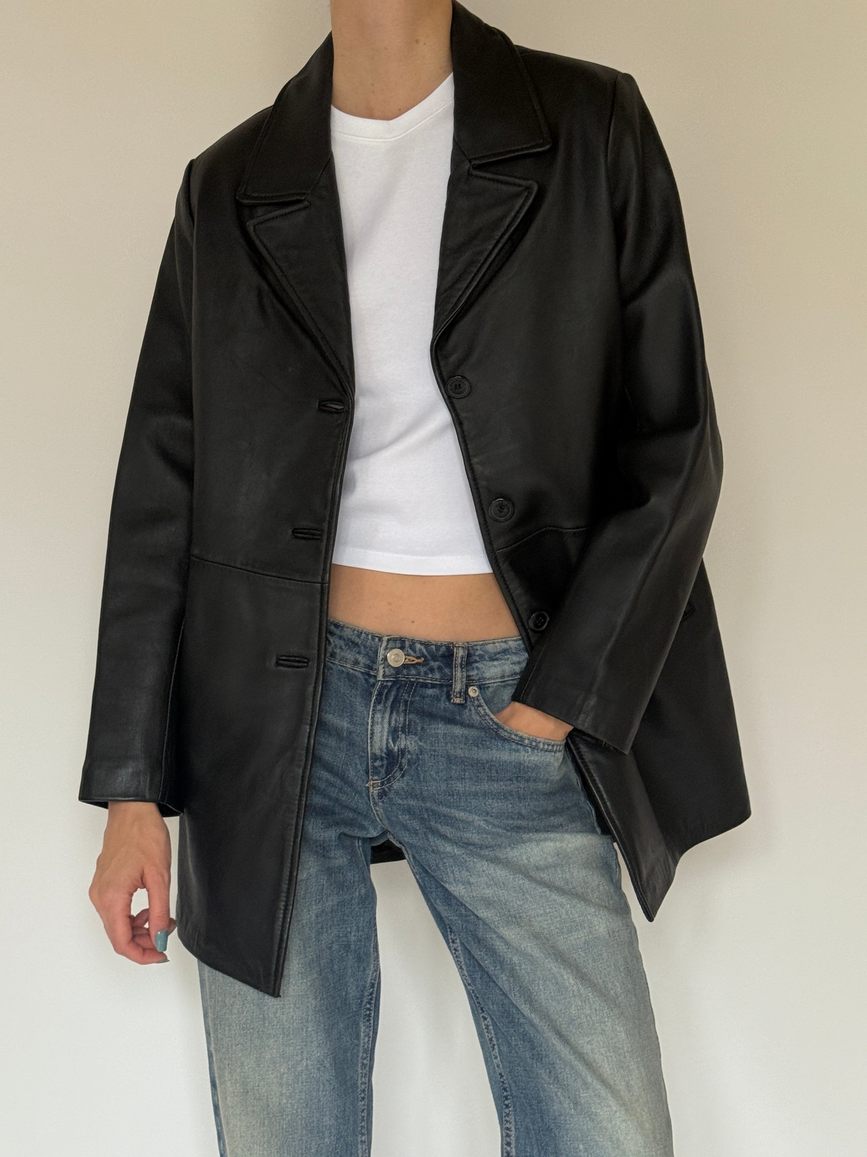 Vintage black leather blazer front view