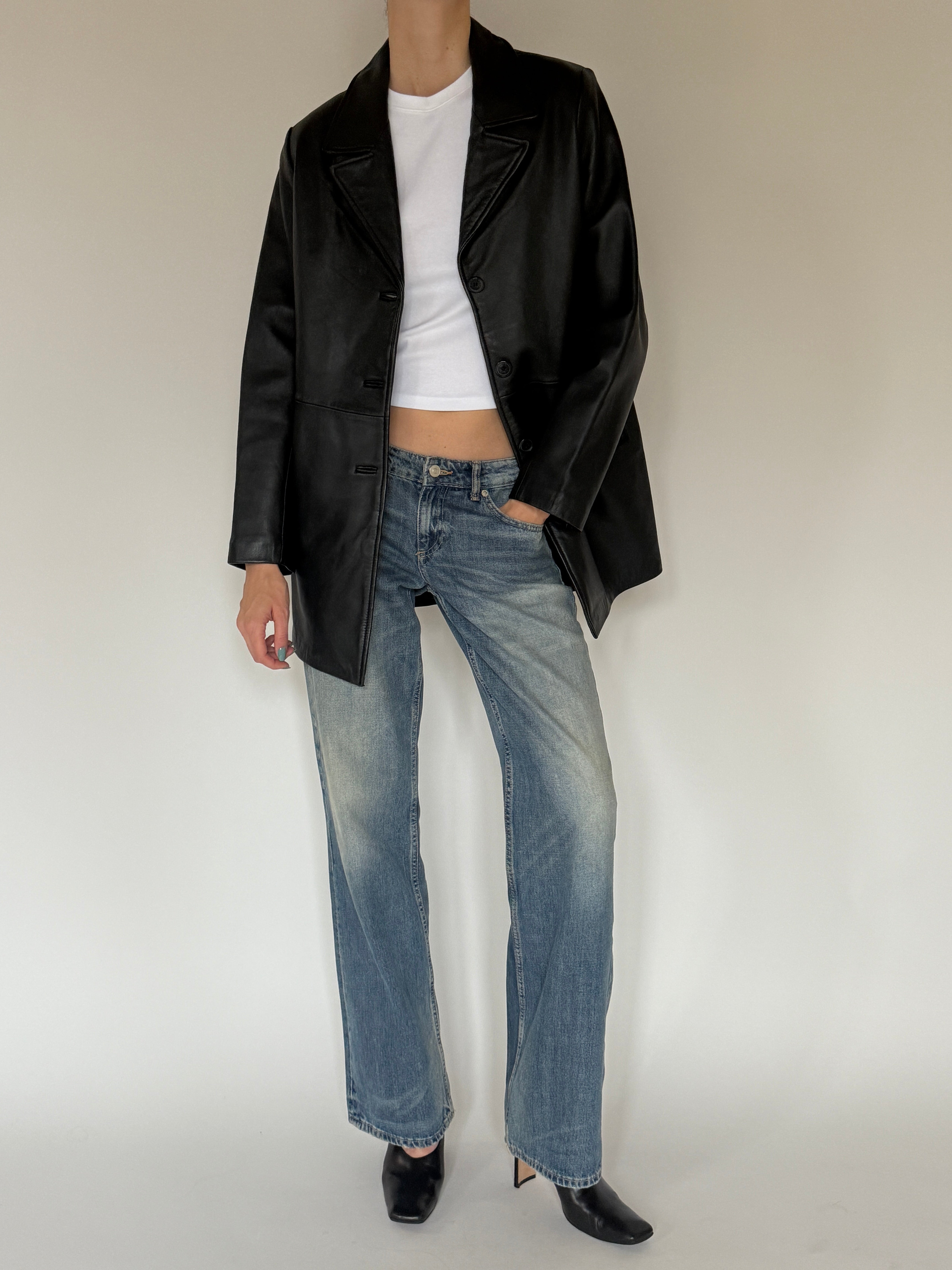 Vintage black leather blazer full-length view