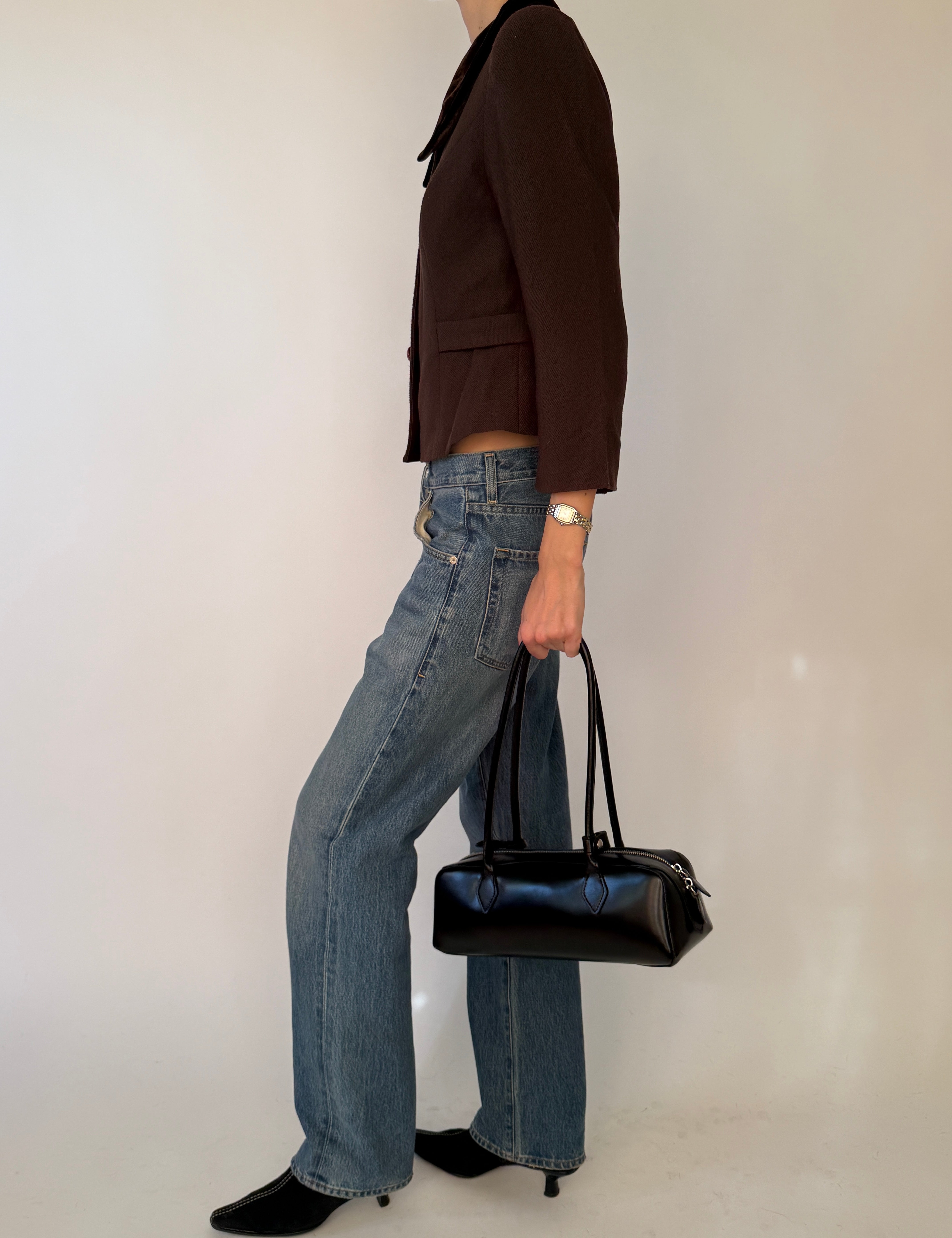 Vintage brown velvet collar blazer side view