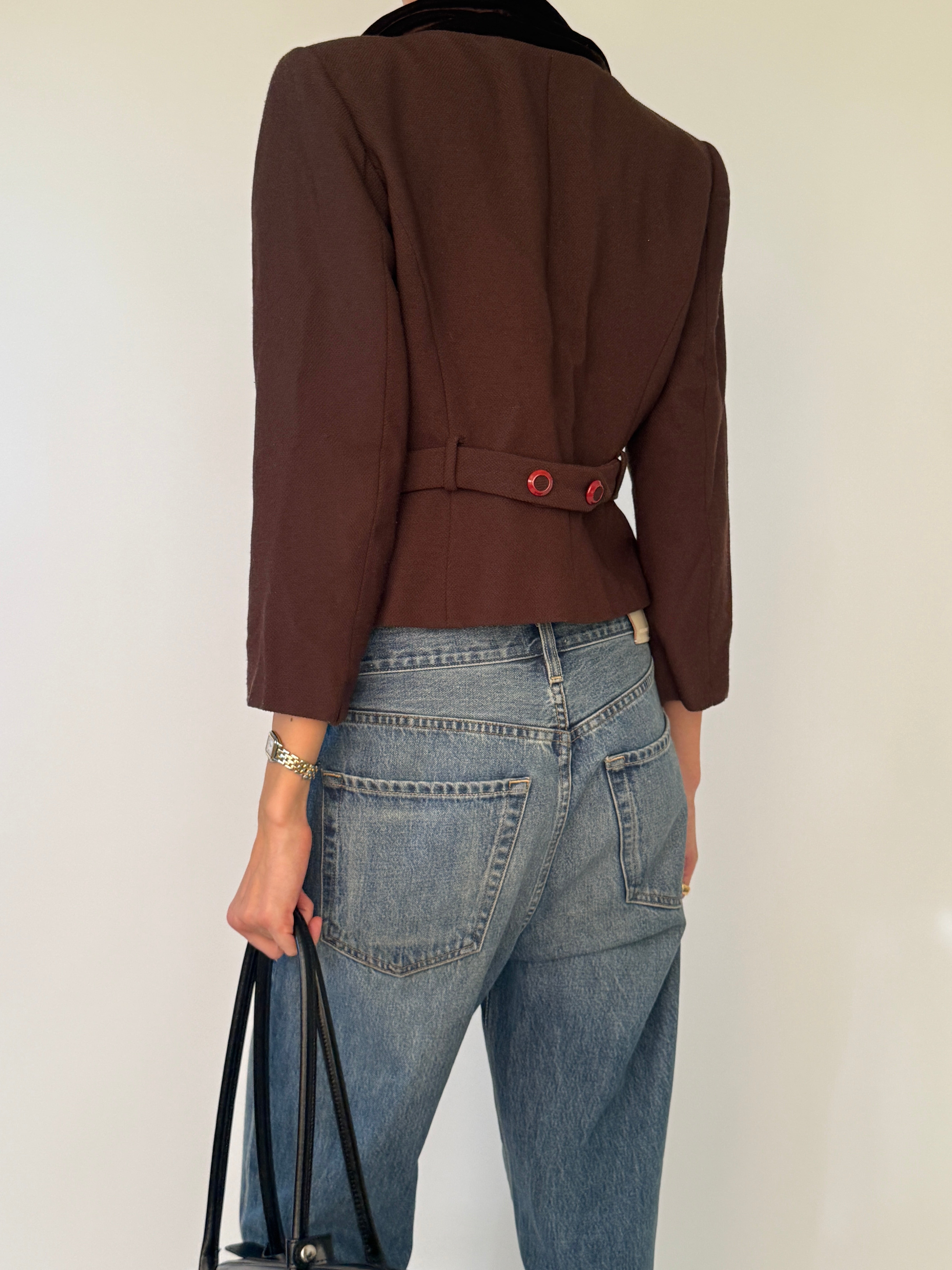 Vintage brown velvet collar blazer back view