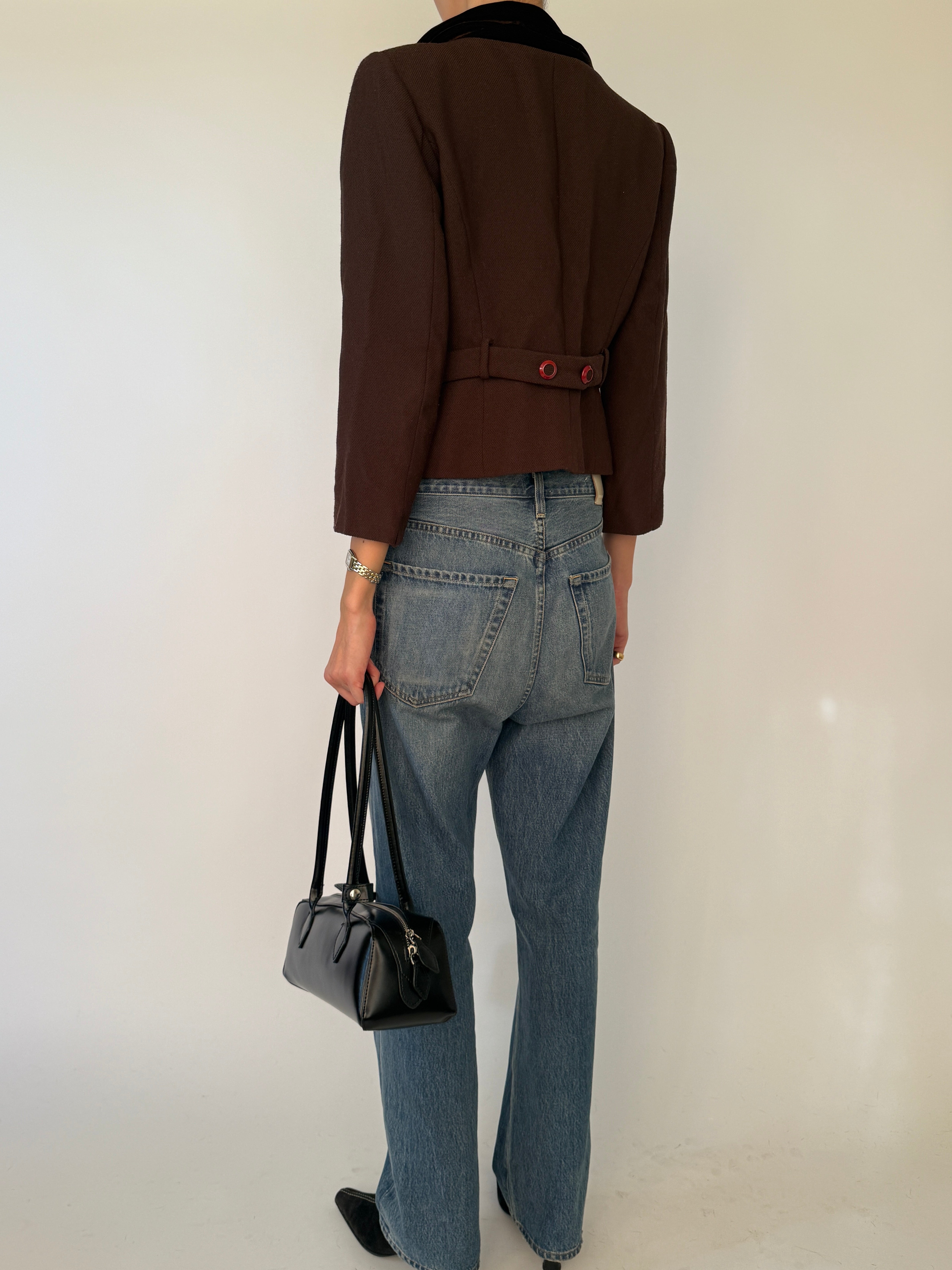 Vintage brown velvet collar blazer back view