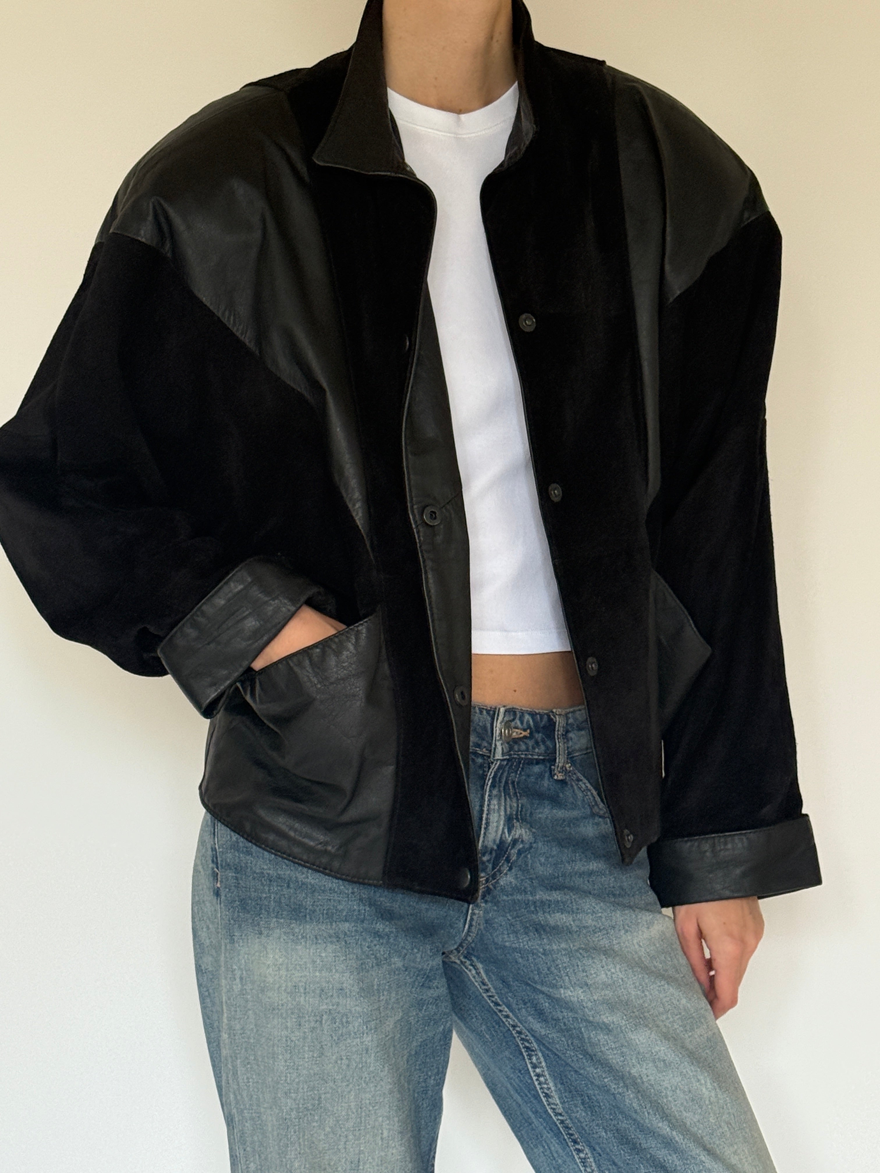 Vintage black suede and leather jacket front view