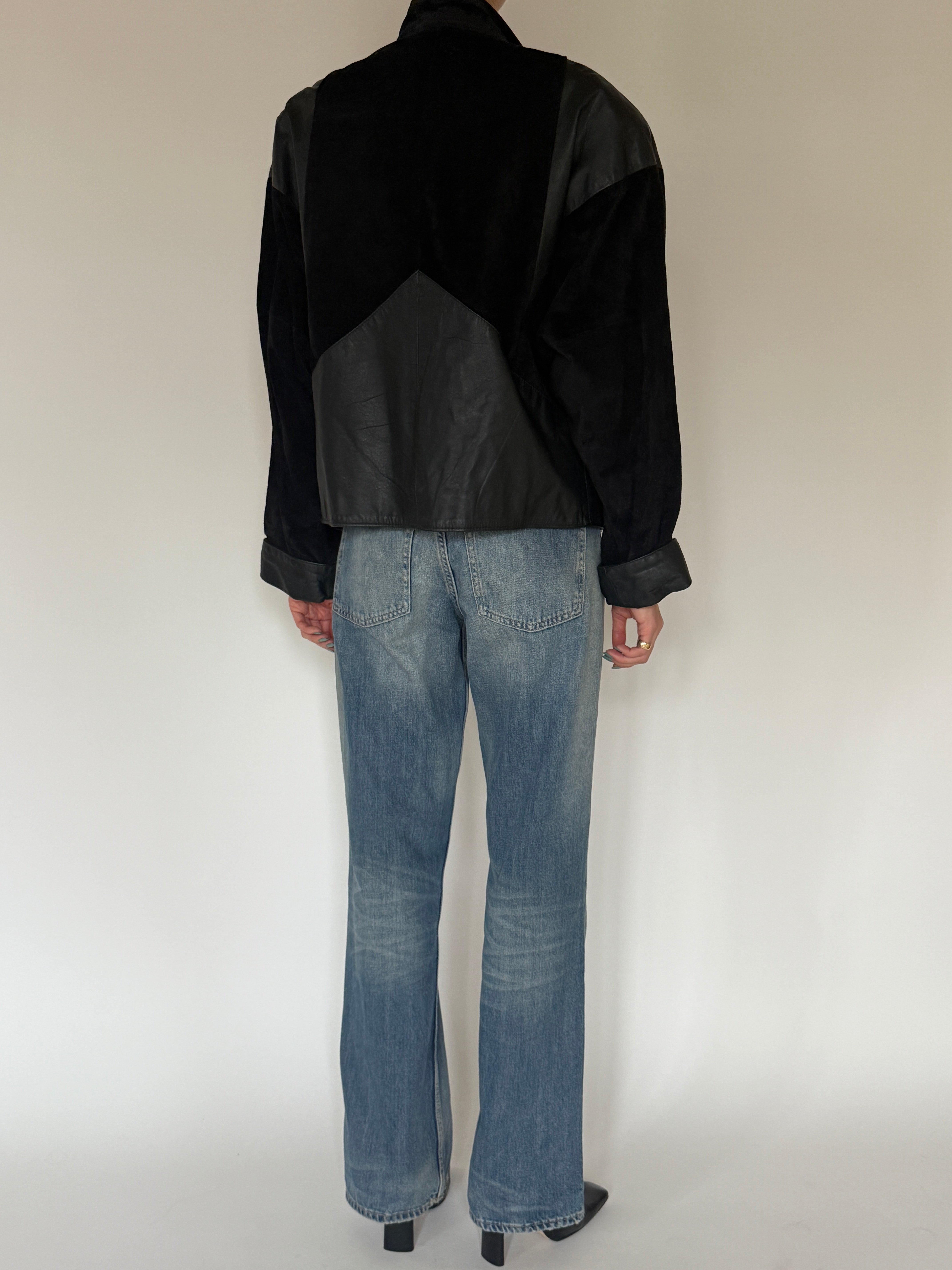 Vintage black suede and leather jacket back view