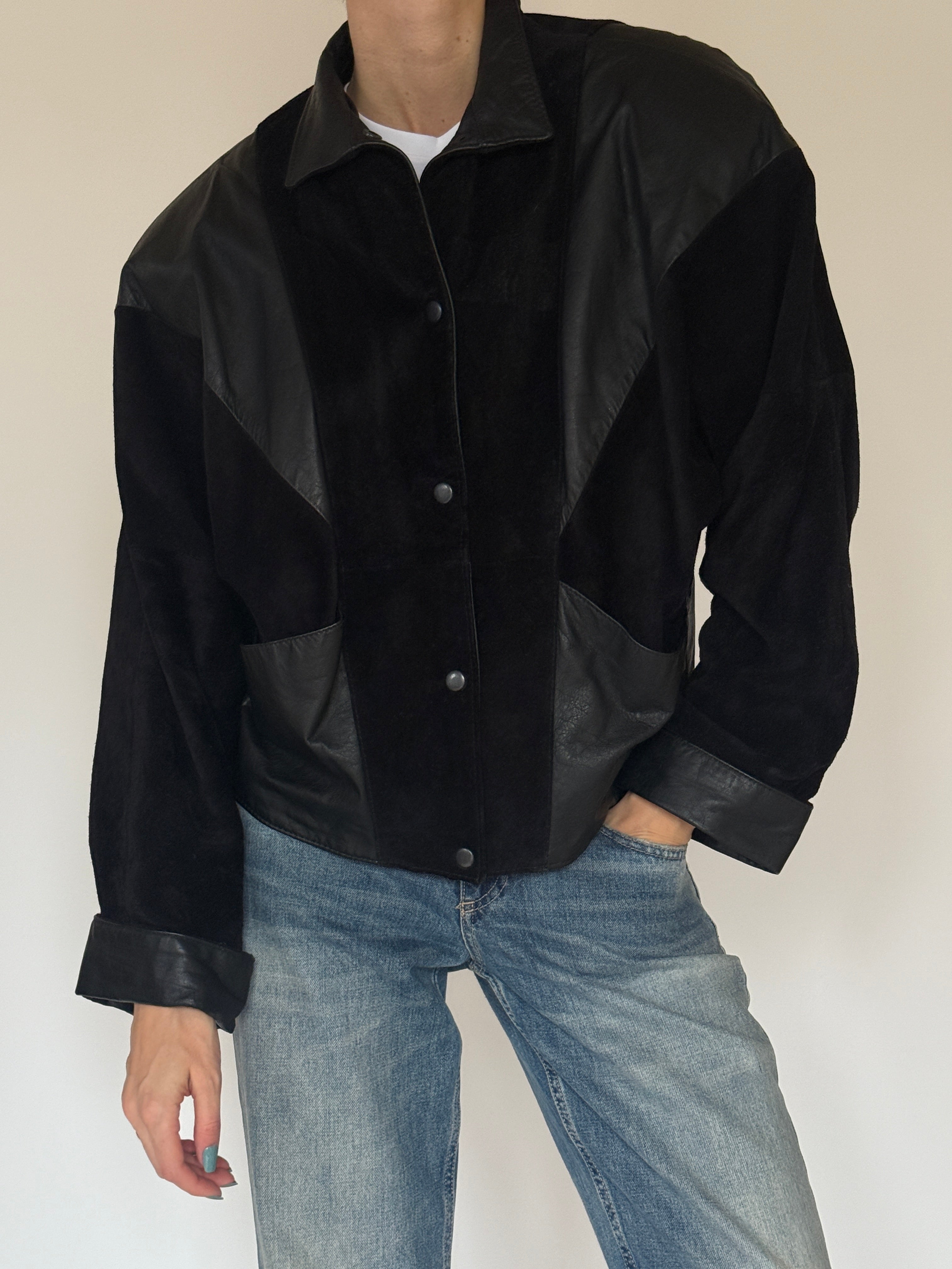 Vintage black suede and leather jacket front view