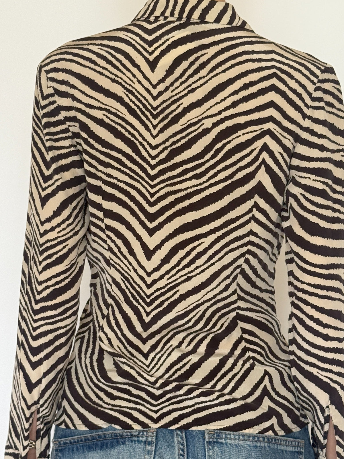 Vintage zebra print silk shirt side view