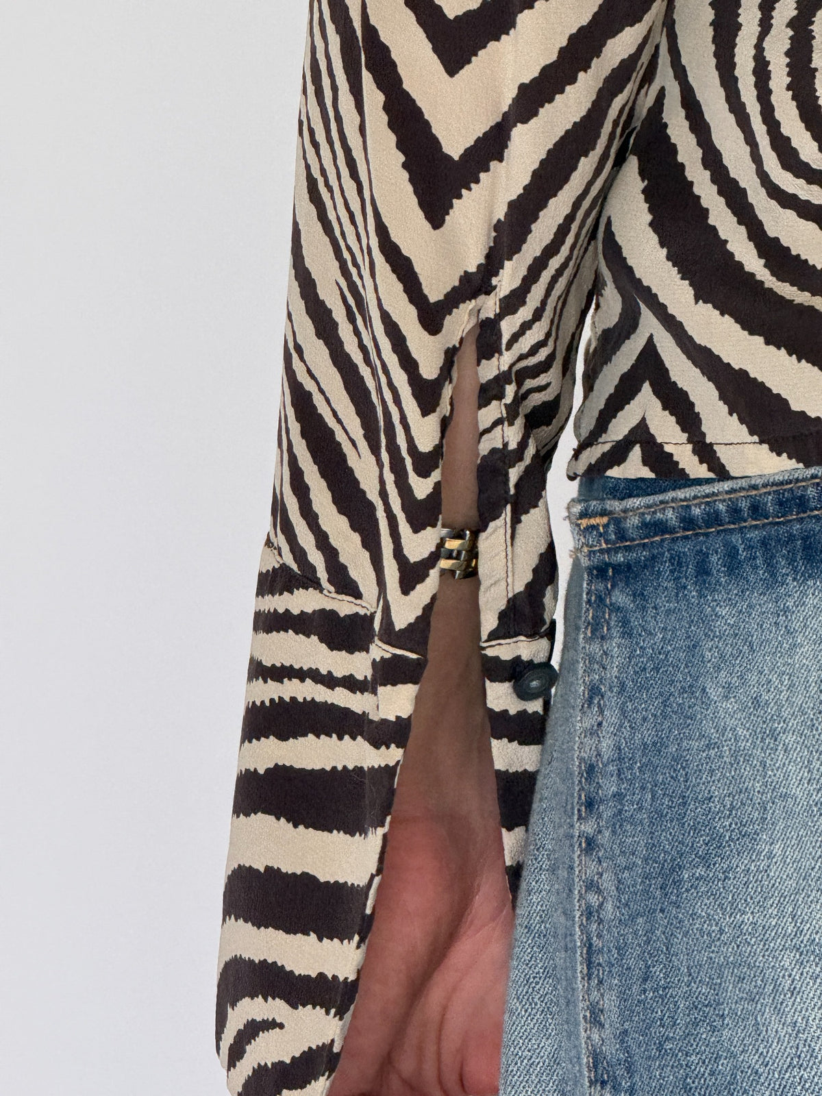 Vintage zebra print silk shirt cuff slit detail