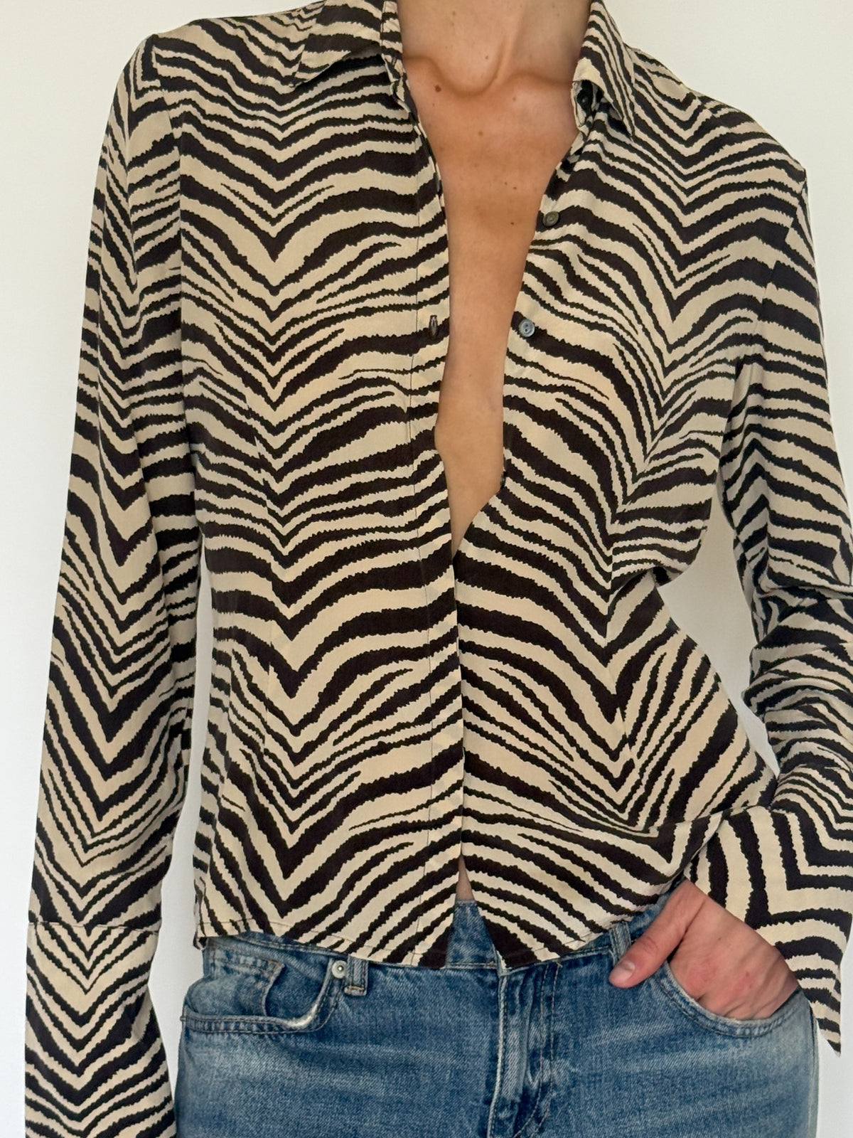 Vintage zebra print silk shirt front detail