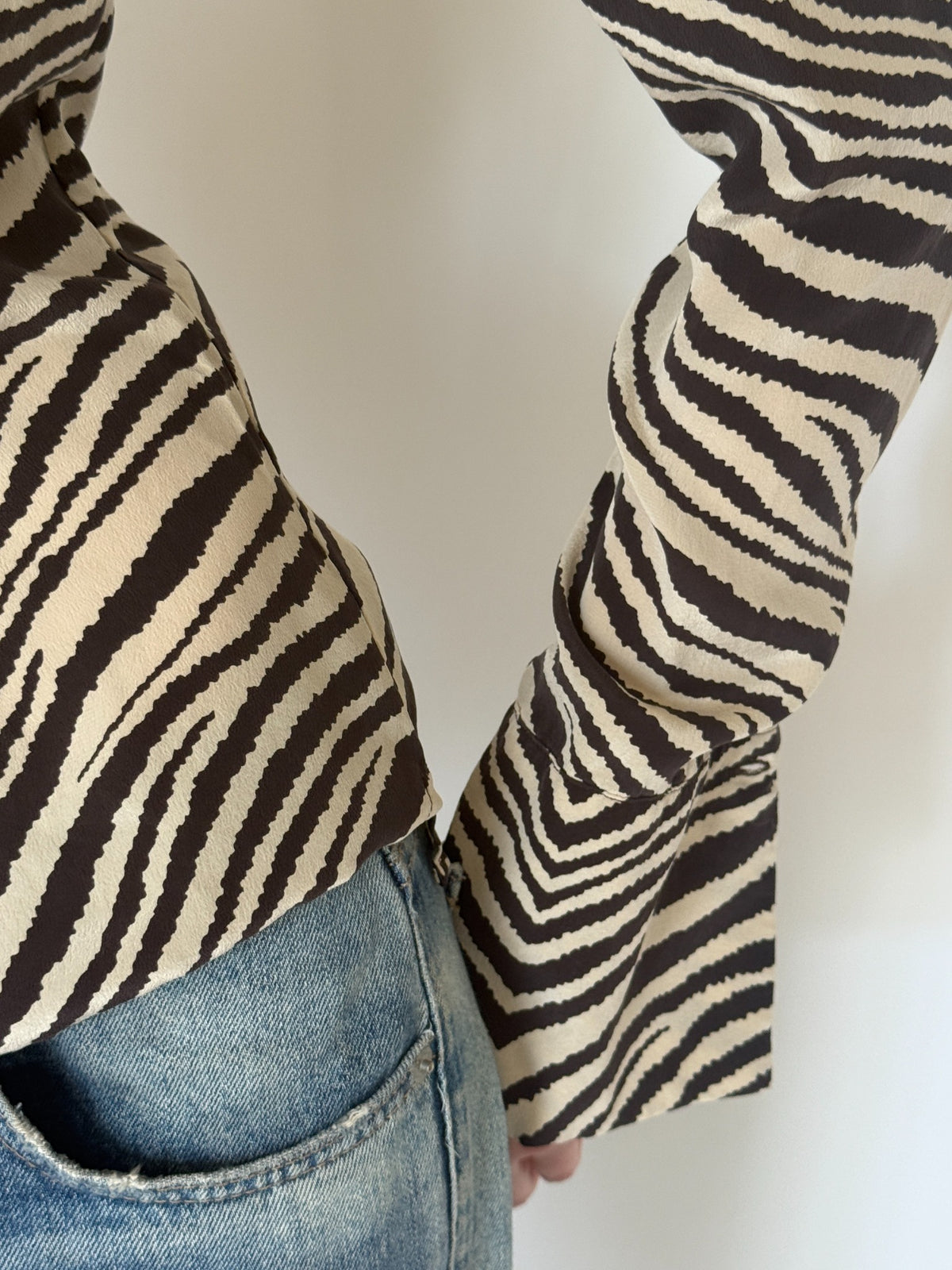 Vintage zebra print silk shirt styled front angle
