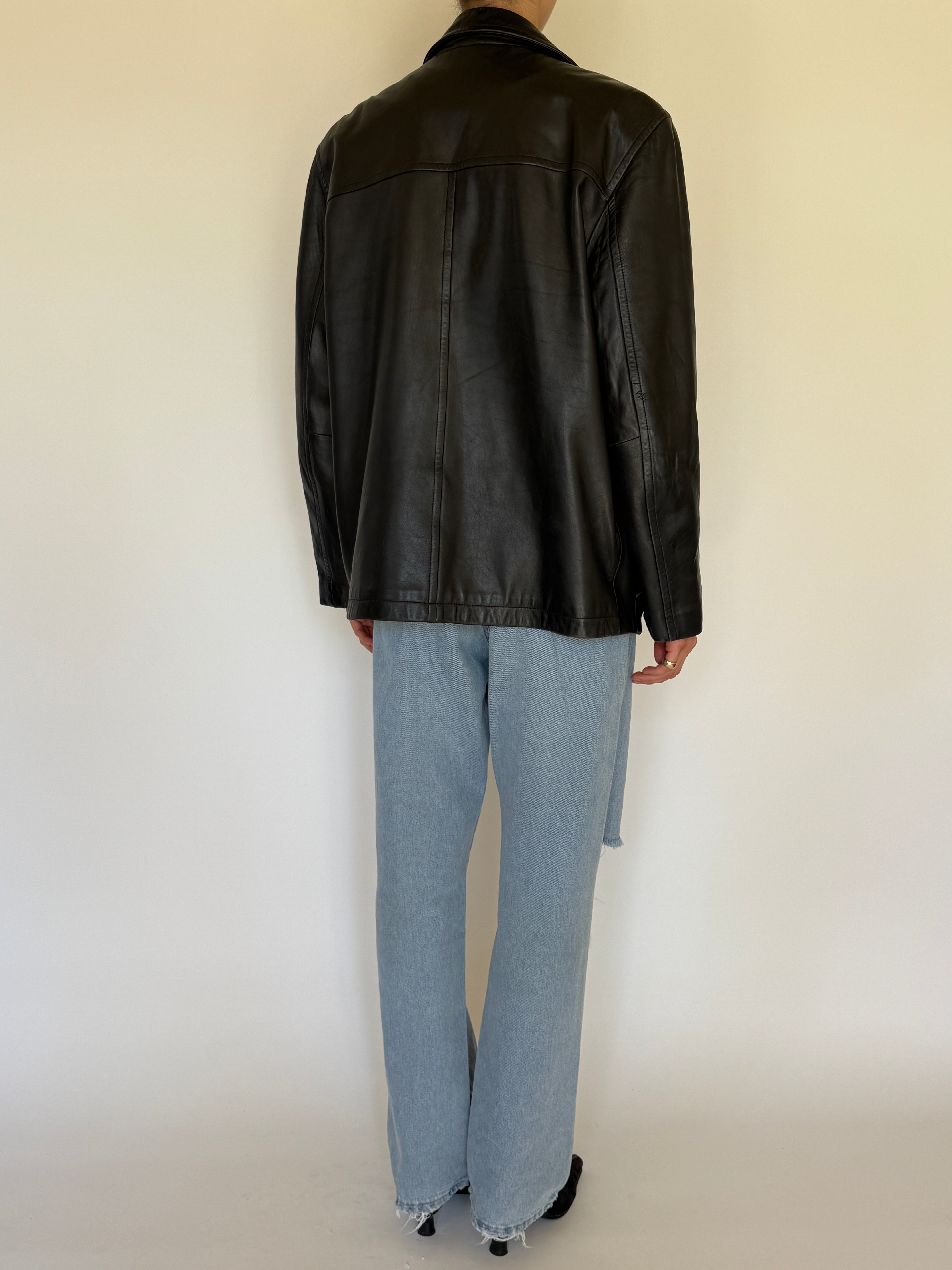 Vintage black leather jacket back view