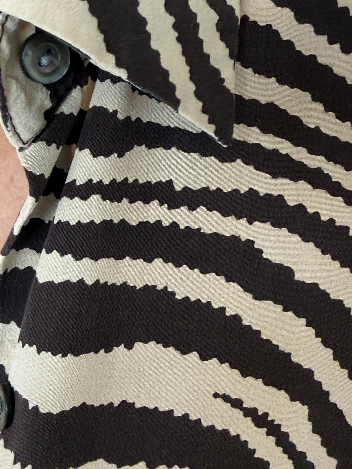 Vintage zebra print silk shirt fabric and button detail