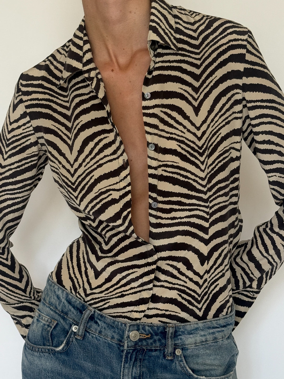 Vintage zebra print silk shirt collar and button detail