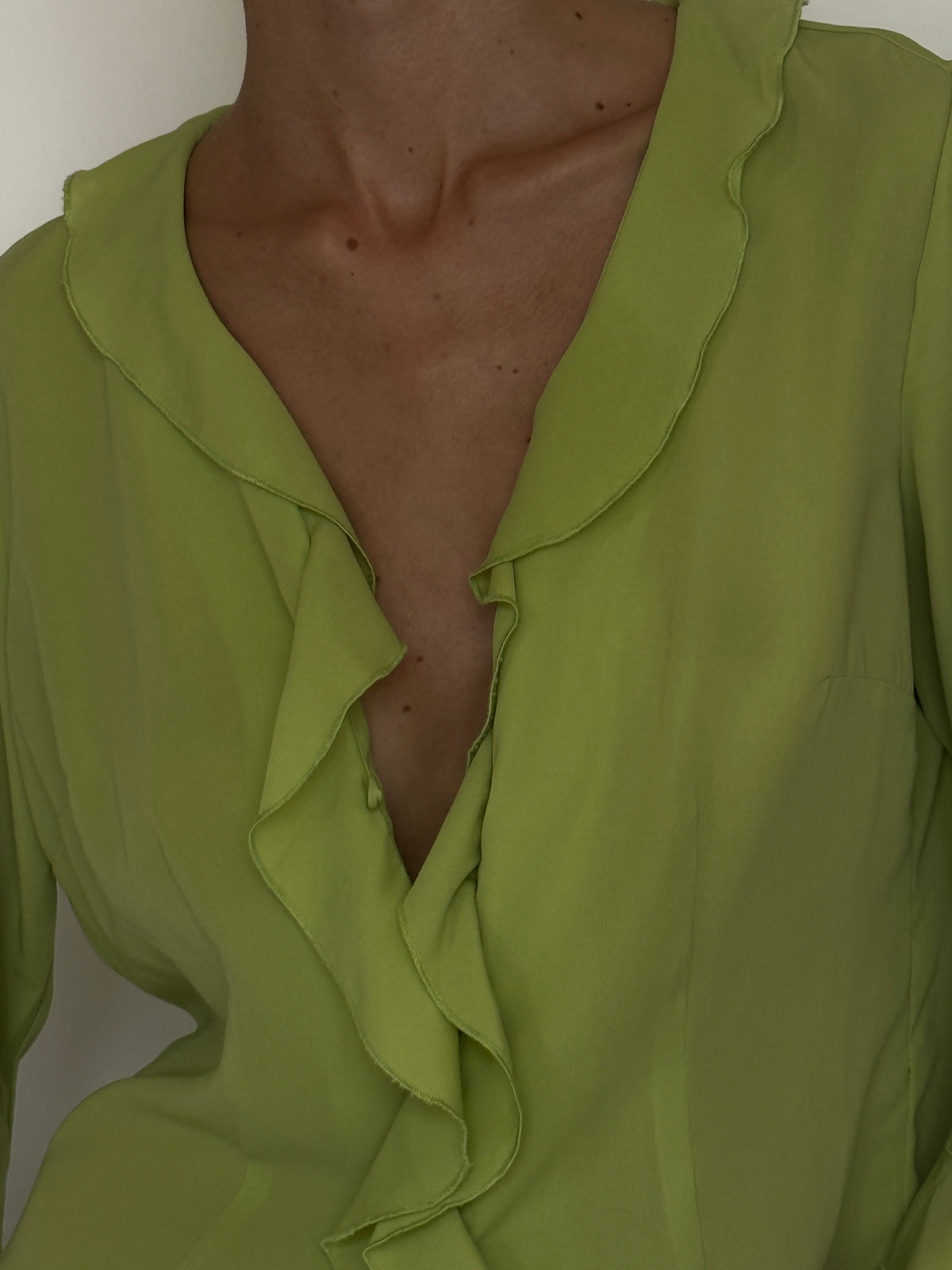 Vintage chartreuse ruffle blouse neckline detail