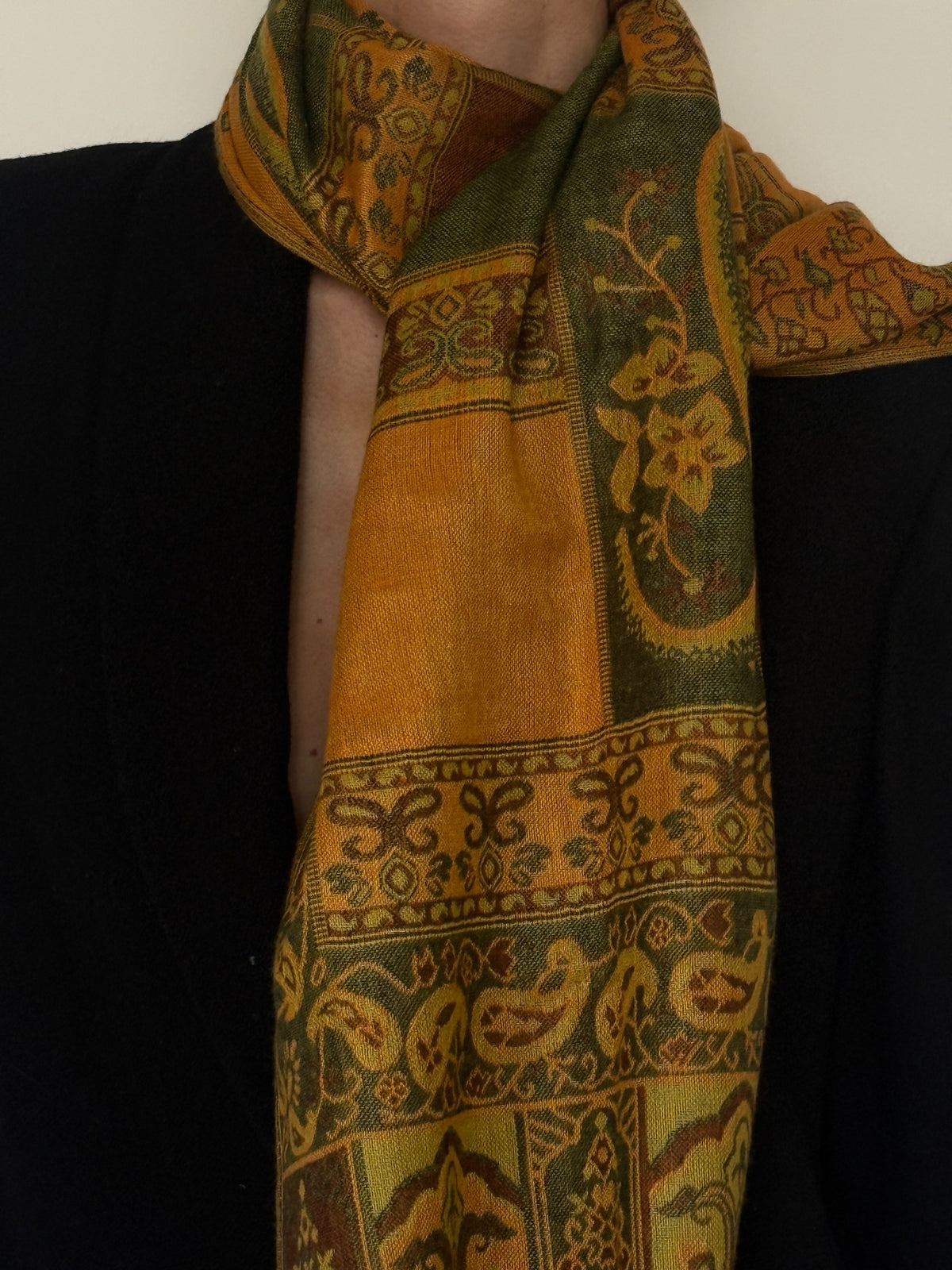 Vintage pashmina wool scarf mustard olive and brown pattern detail