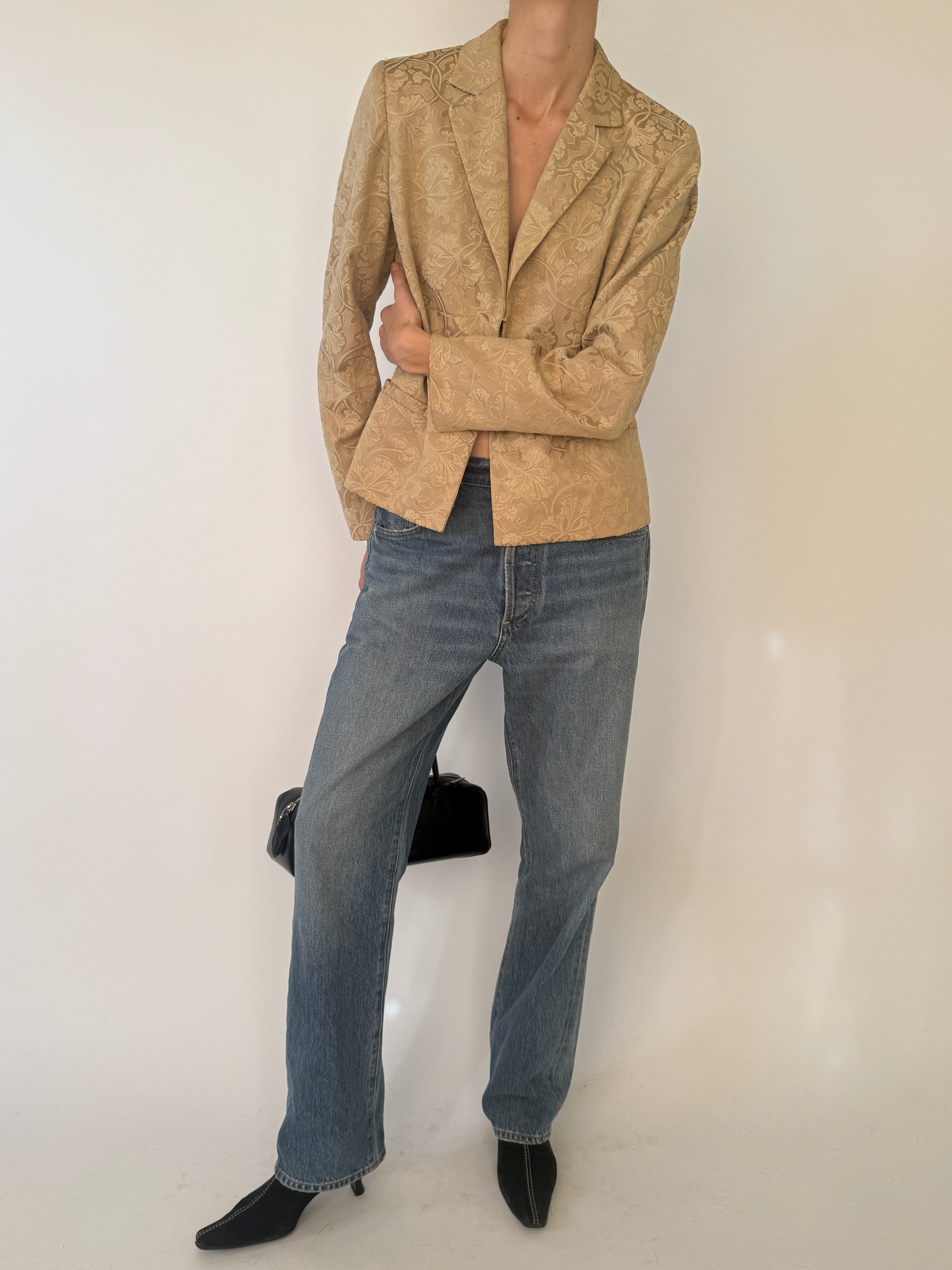 Vintage floral jacquard blazer beige angled front view