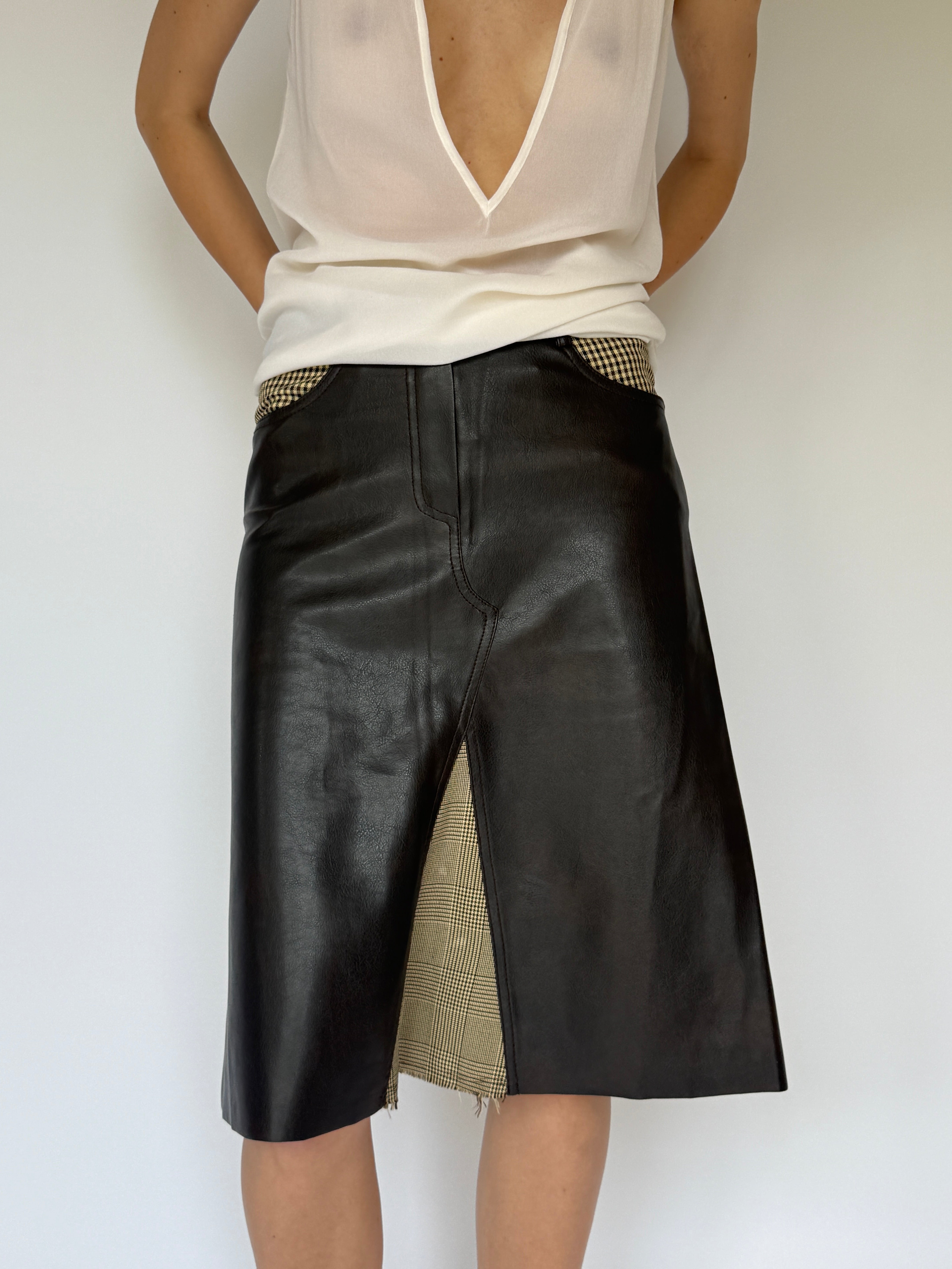 Vintage faux leather midi skirt with houndstooth detail 6198