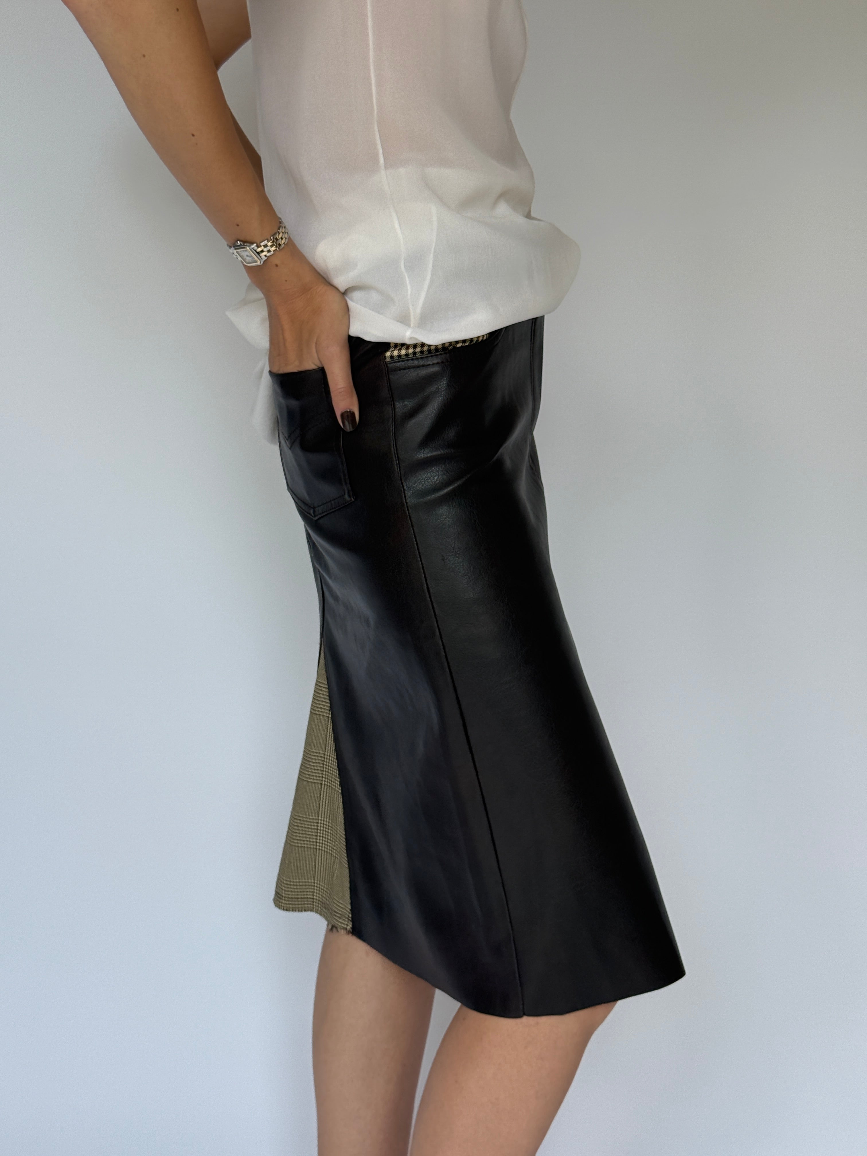Vintage faux leather midi skirt with houndstooth detail 6198