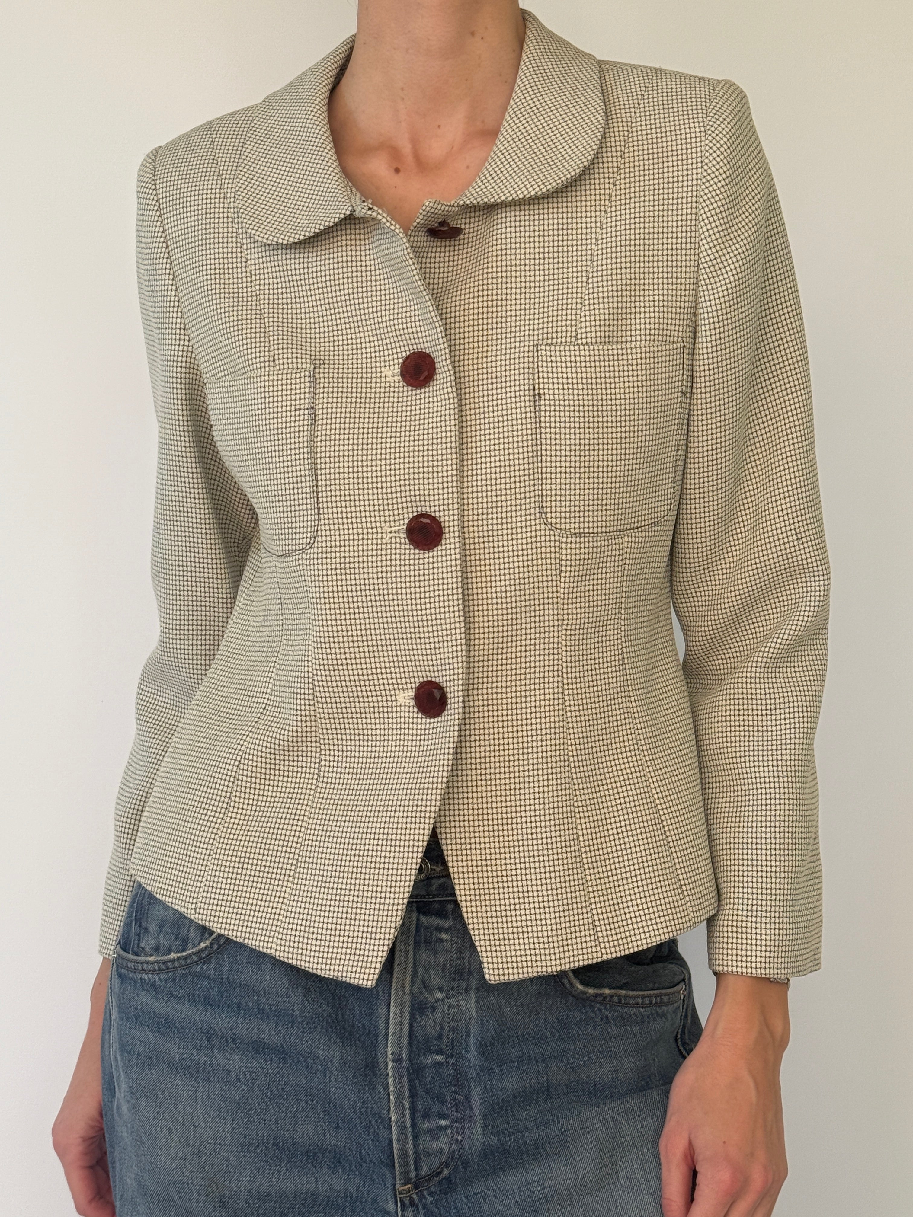 Vintage cream and black micro-check blazer front patch pocket detail